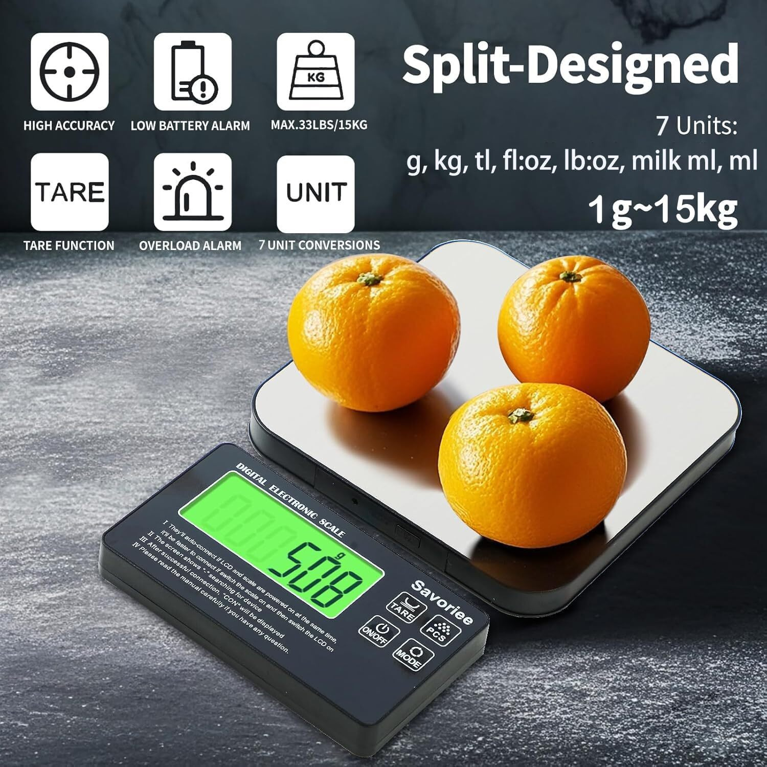 Food Scale, Split Designed 33Lb Digital Kitchen Scale With 7 Units Tare Function & Lcd Display,1G Precise Graduation Food Scale Weight For Baking/Cooking/Dieting/Meal Prep (Multicolor)