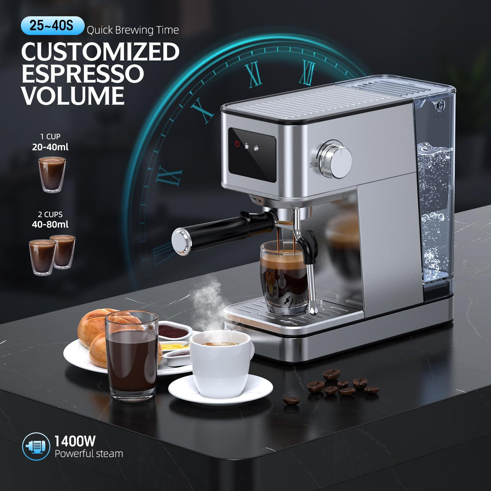 Qja Espresso Machine, 20 Bar Professional Espresso Maker, Milk Frother Steam Wand For Latte, Compact Stainless Steel Machine With 57.5Oz Removable Water Tank And Led Touchscreen Monitors