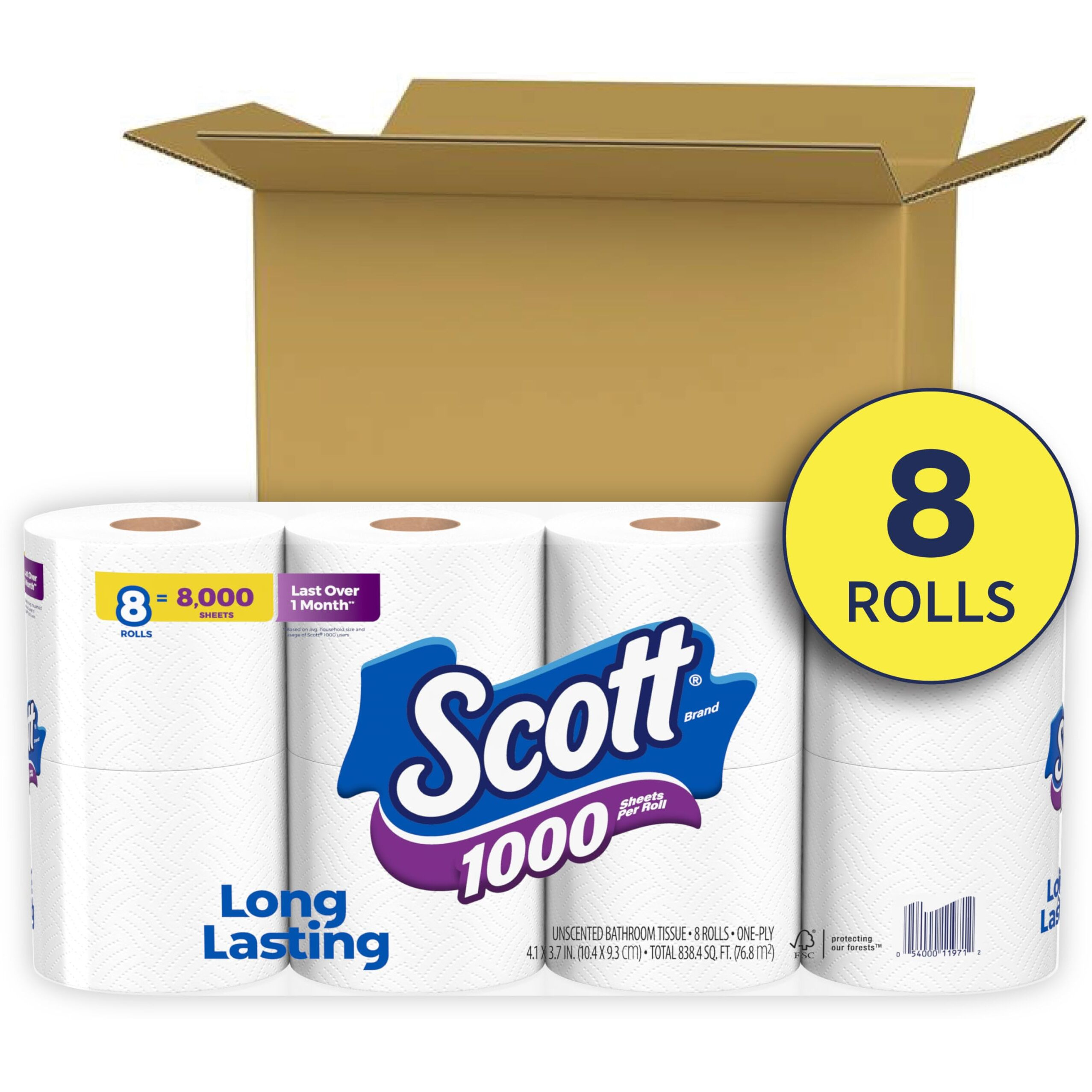 Scott 1000 Sheets Per Roll, 8 Toilet Paper Rolls, Bath Tissue