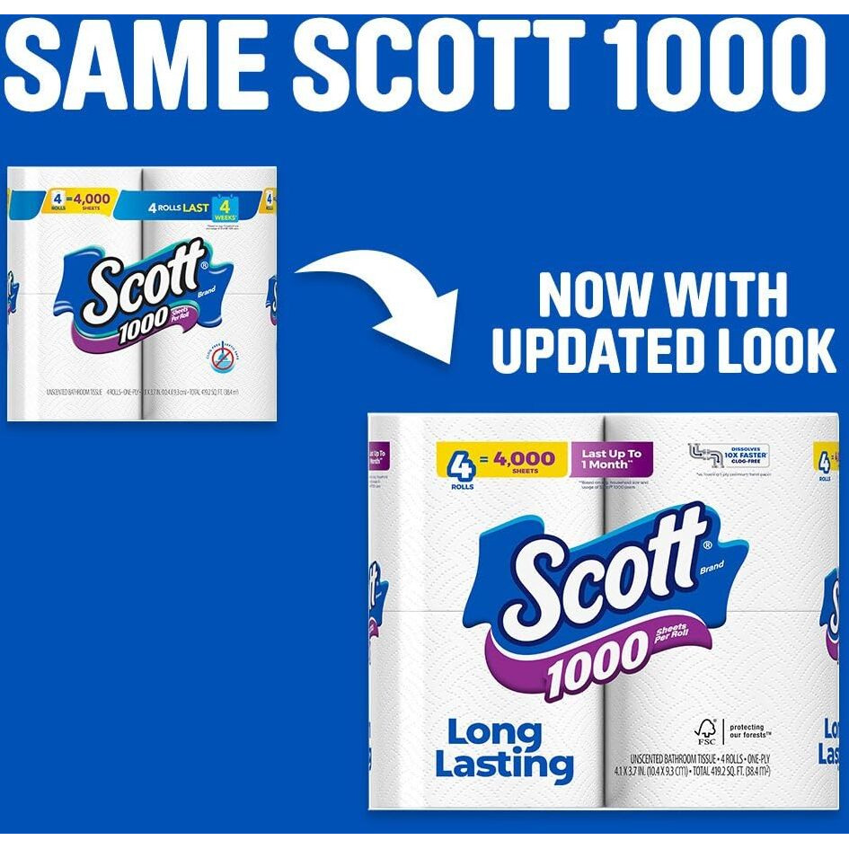 Scott 1000 Sheets Per Roll, 8 Toilet Paper Rolls, Bath Tissue