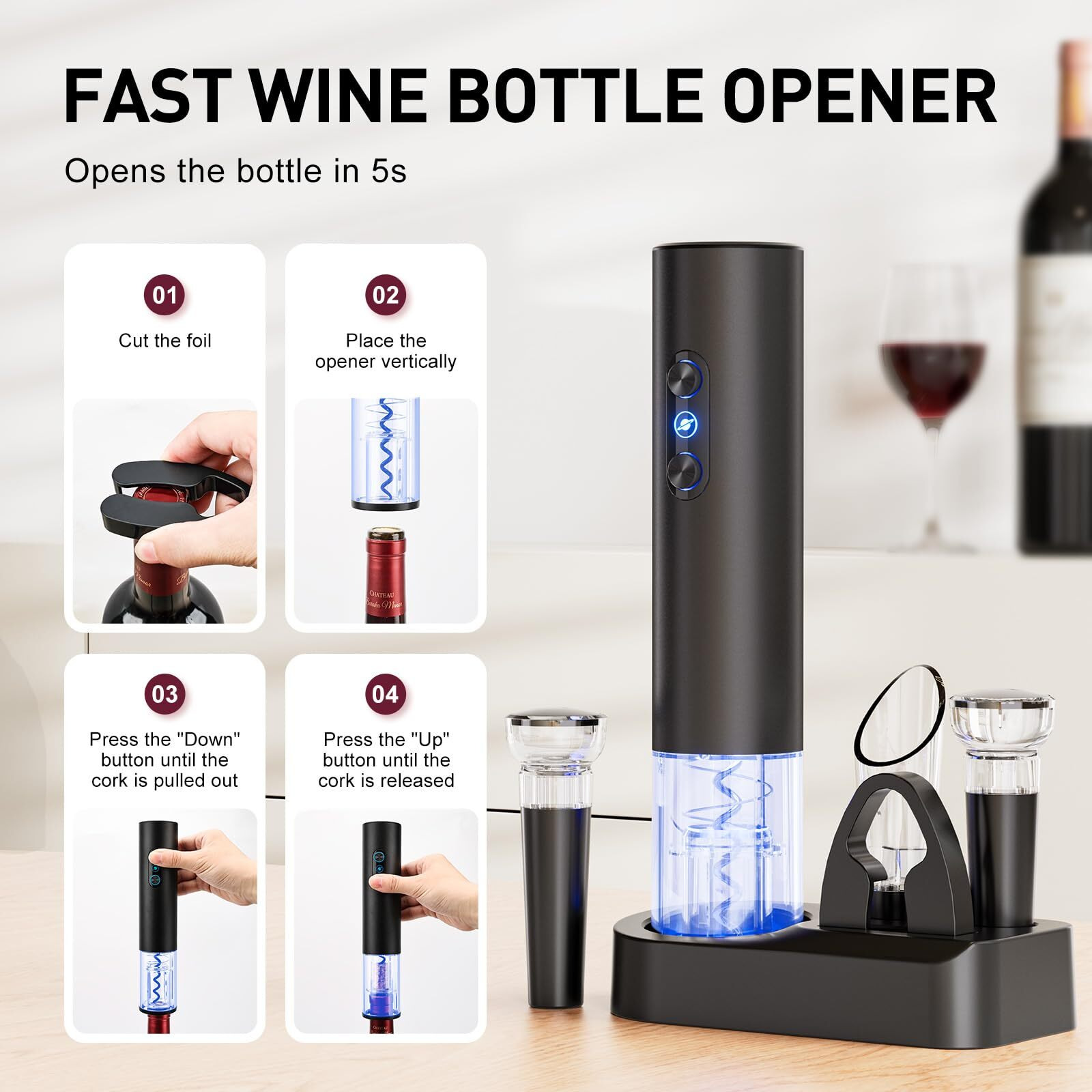 Otuseta Electric Wine Opener, Rechargeable Cordless Wine Accessories, Stainless Steel Cordless Automatic Wine Bottle Corkscrew With Vacuum Stoppers, Foil Cutter For Home Party Wedding, Bars(Black)