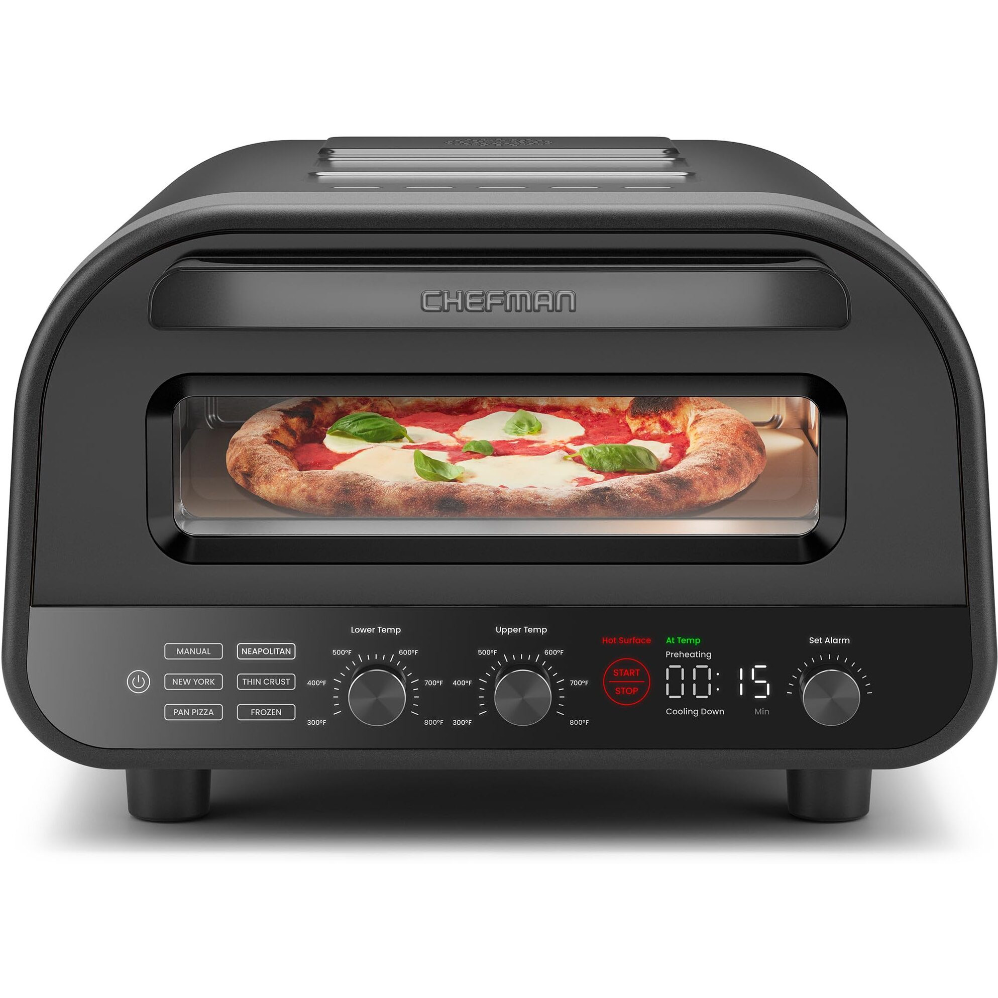 Chefman Indoor Pizza Oven - Makes 12 Inch Pizzas In Minutes, Heats Up To 800F - Countertop Electric Pizza Maker With 5 Touchscreen Presets, Pizza Stone And Peel Included - Stainless Black
