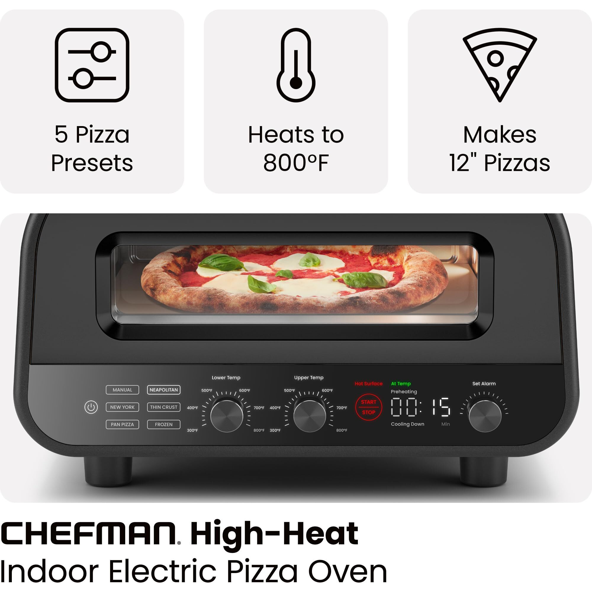 Chefman Indoor Pizza Oven - Makes 12 Inch Pizzas In Minutes, Heats Up To 800F - Countertop Electric Pizza Maker With 5 Touchscreen Presets, Pizza Stone And Peel Included - Stainless Black
