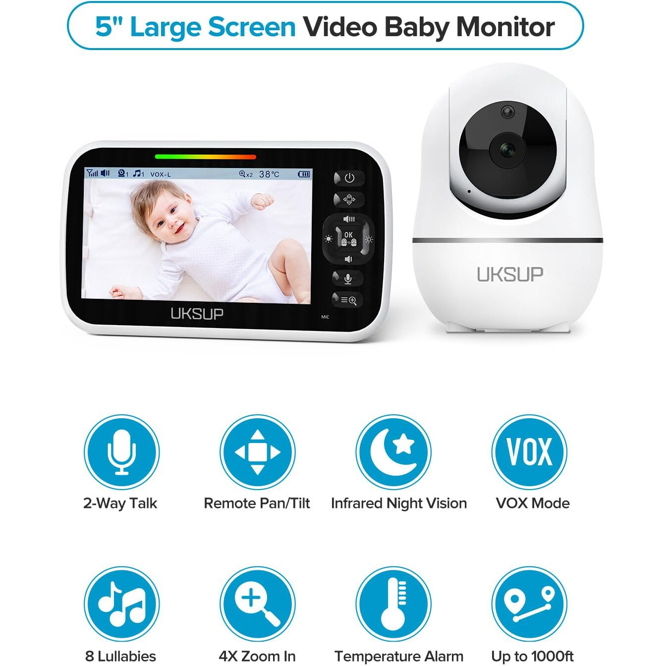 Uksup Sm663V2 Baby Monitor With 2 Cameras - 5"" Display Video Baby Monitor With Remote Pan & Tilt, 2X Zoom,Auto Night Vision, 2 Way Talk, Temperature Sensor,Lullabies,960 Feet Range