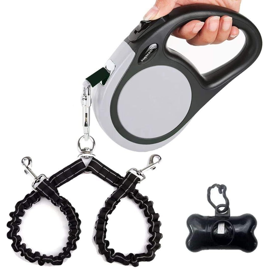 Dual Retractable Dog Leash For 2 Large Dogs (Up To 110 Lbs Each) - Double Headed 16 Ft Extendable Pet Leash With Poop Bags, Non Slip Grip - One Button Break & Lock, 360 Tangle-Free (Gray, Large)