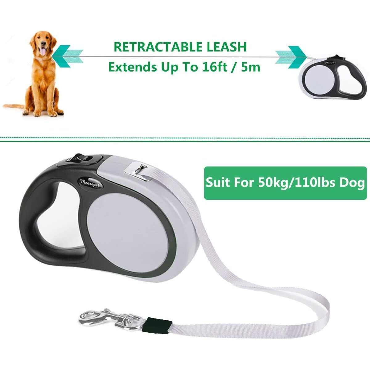 Dual Retractable Dog Leash For 2 Large Dogs (Up To 110 Lbs Each) - Double Headed 16 Ft Extendable Pet Leash With Poop Bags, Non Slip Grip - One Button Break & Lock, 360 Tangle-Free (Gray, Large)