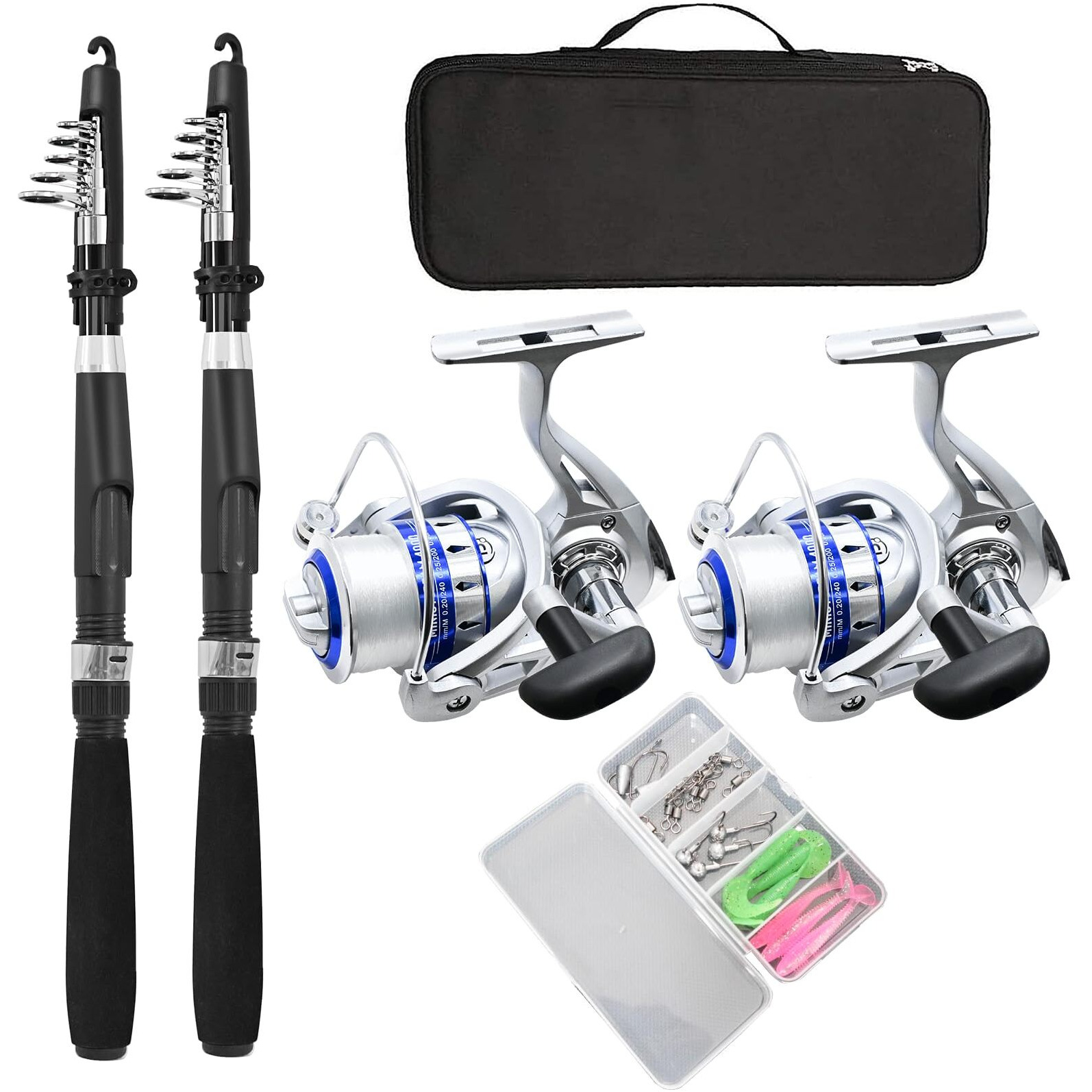 Fishing Pole Combo Set,2.1M/6.89Ft 2Pcs Collapsible Rods 2Pcs Spinning Reels Mono Fishing Line Come Setup AlreadyLures Set Carrier Bag Freshwater Kit Fishing Rod Reel Combos Ministoream