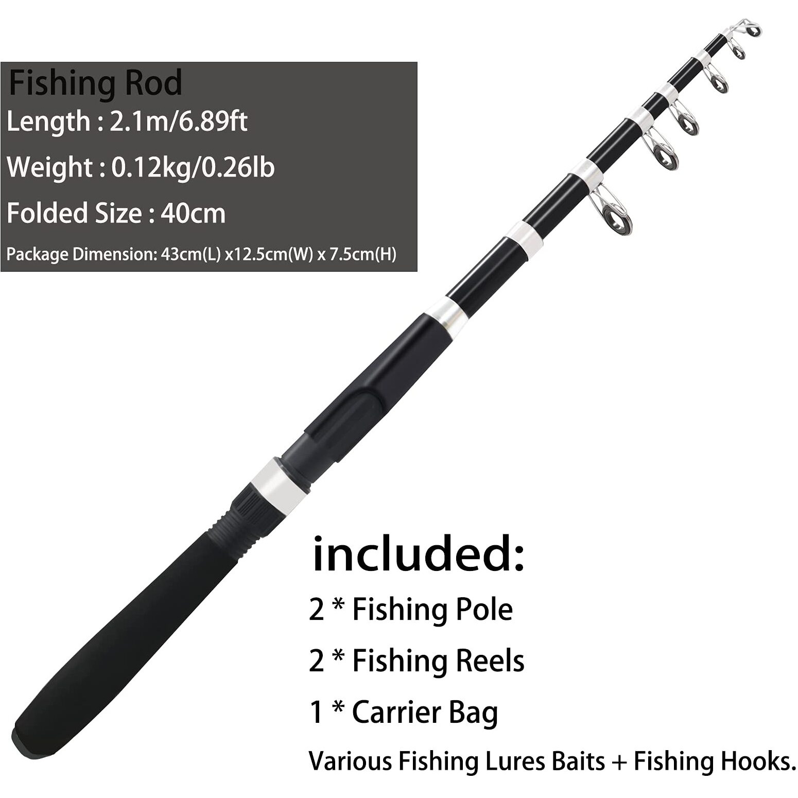 Fishing Pole Combo Set,2.1M/6.89Ft 2Pcs Collapsible Rods 2Pcs Spinning Reels Mono Fishing Line Come Setup AlreadyLures Set Carrier Bag Freshwater Kit Fishing Rod Reel Combos Ministoream