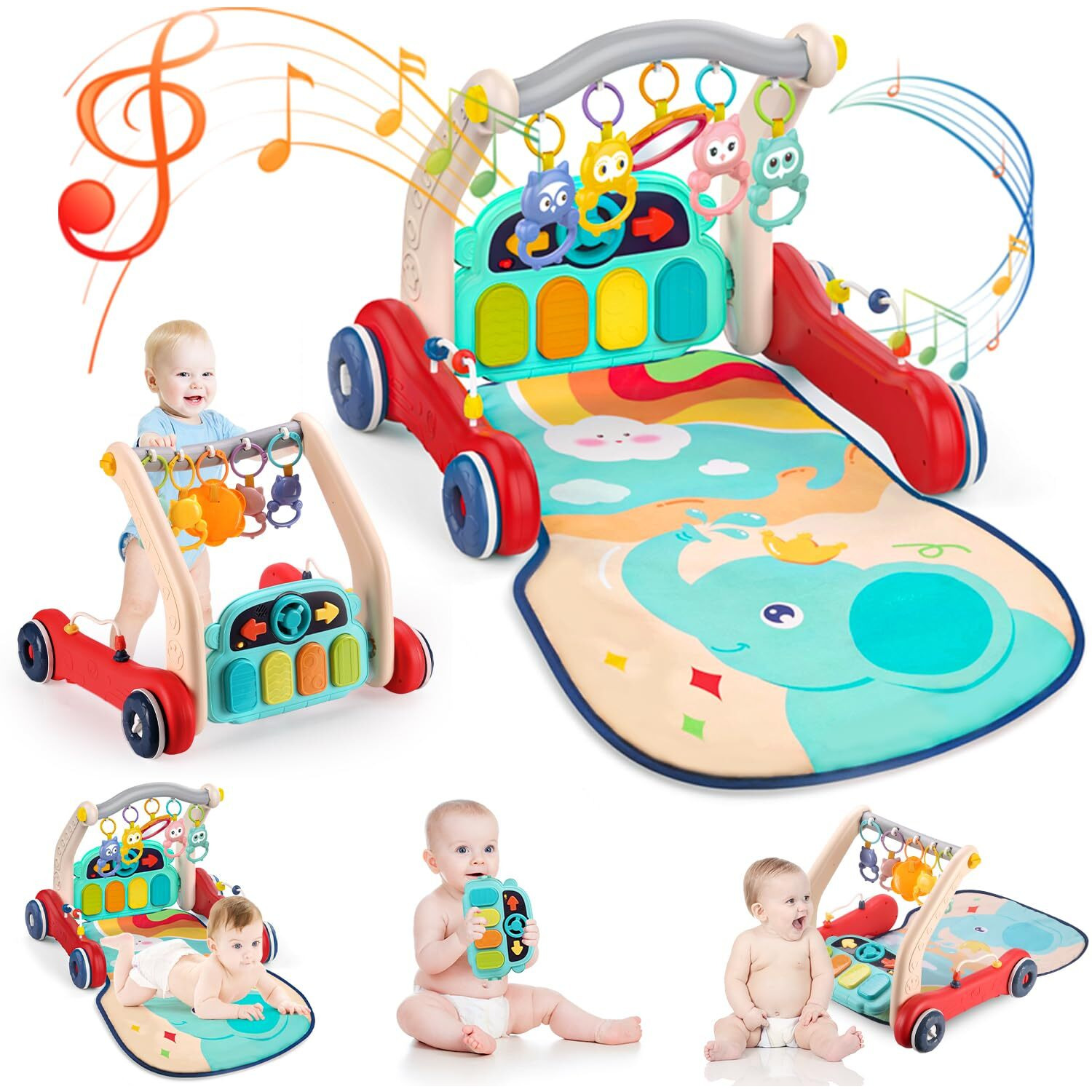 Pakoo Baby Play Mat Gym, 2 In 1 Baby Walker Tummy Time Activity Mat With 5 Infant Sensory Toys, Music And Lights Floor Play Mat As Birthday Gift For 0-12 Months Boys Girls