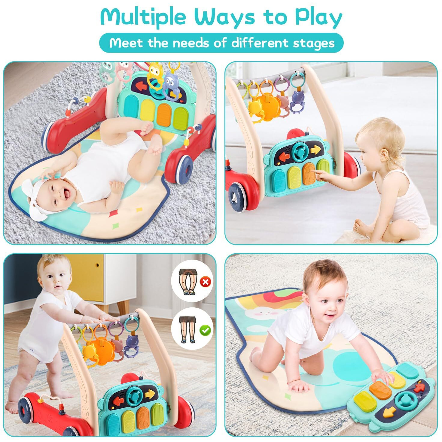 Pakoo Baby Play Mat Gym, 2 In 1 Baby Walker Tummy Time Activity Mat With 5 Infant Sensory Toys, Music And Lights Floor Play Mat As Birthday Gift For 0-12 Months Boys Girls