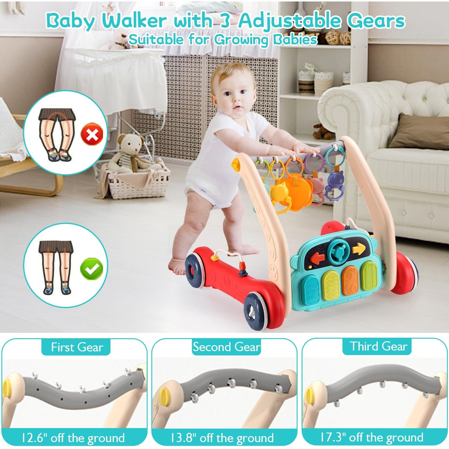 Pakoo Baby Play Mat Gym, 2 In 1 Baby Walker Tummy Time Activity Mat With 5 Infant Sensory Toys, Music And Lights Floor Play Mat As Birthday Gift For 0-12 Months Boys Girls