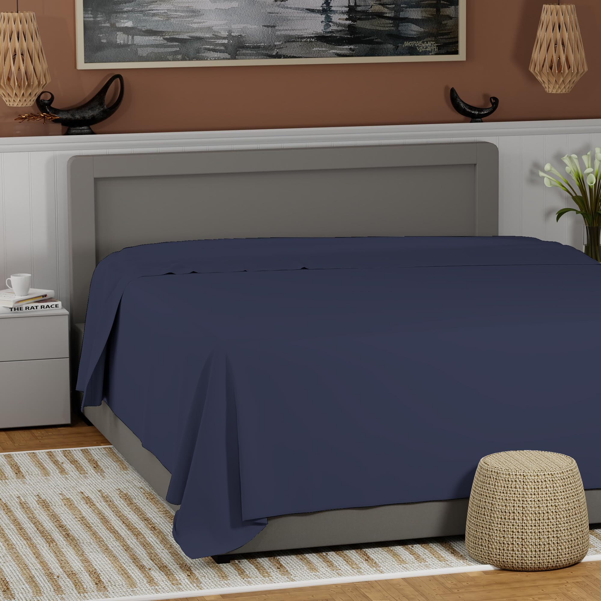 100% Cotton Dark Blue Full Size Flat Sheet Only, Cool & Crisp Percale Weave Flat Sheet, Highly Breathable & Comfortable, Top Sheet Dark Blue (82 In. X 96 In.)