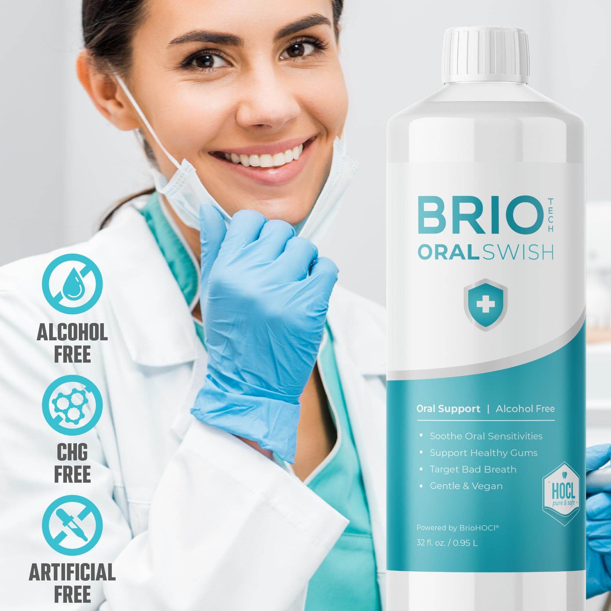 Briotech Pure Hypochlorous Acid Oral Swish, Alcohol Free Mouthwash Rinse, Gentle Oral Care Hygiene, Fight Bad Breath, Support Against Plaque, Gum Irritation & Tender Gums, 32 Fl Oz