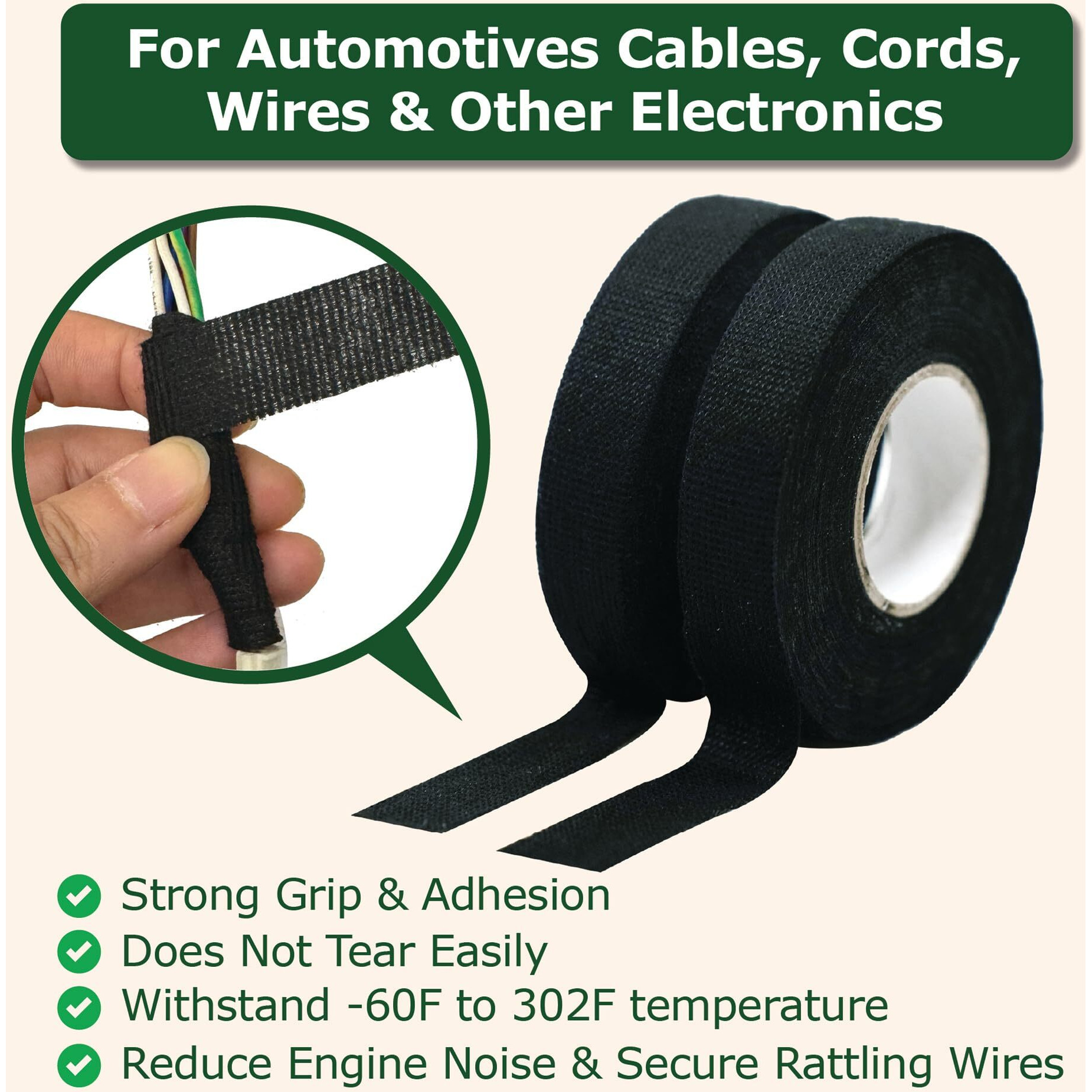 Wire Harness Cloth Electrical Tape, 3/4 Inch X 50 Ft (5 Rolls), Automotive Wire Loom Heat Wrap Tape - Fabric Felt Cloth Wiring Harness Tapes, Heat Resistant For Car Engine, Wires, Electrical Wiring