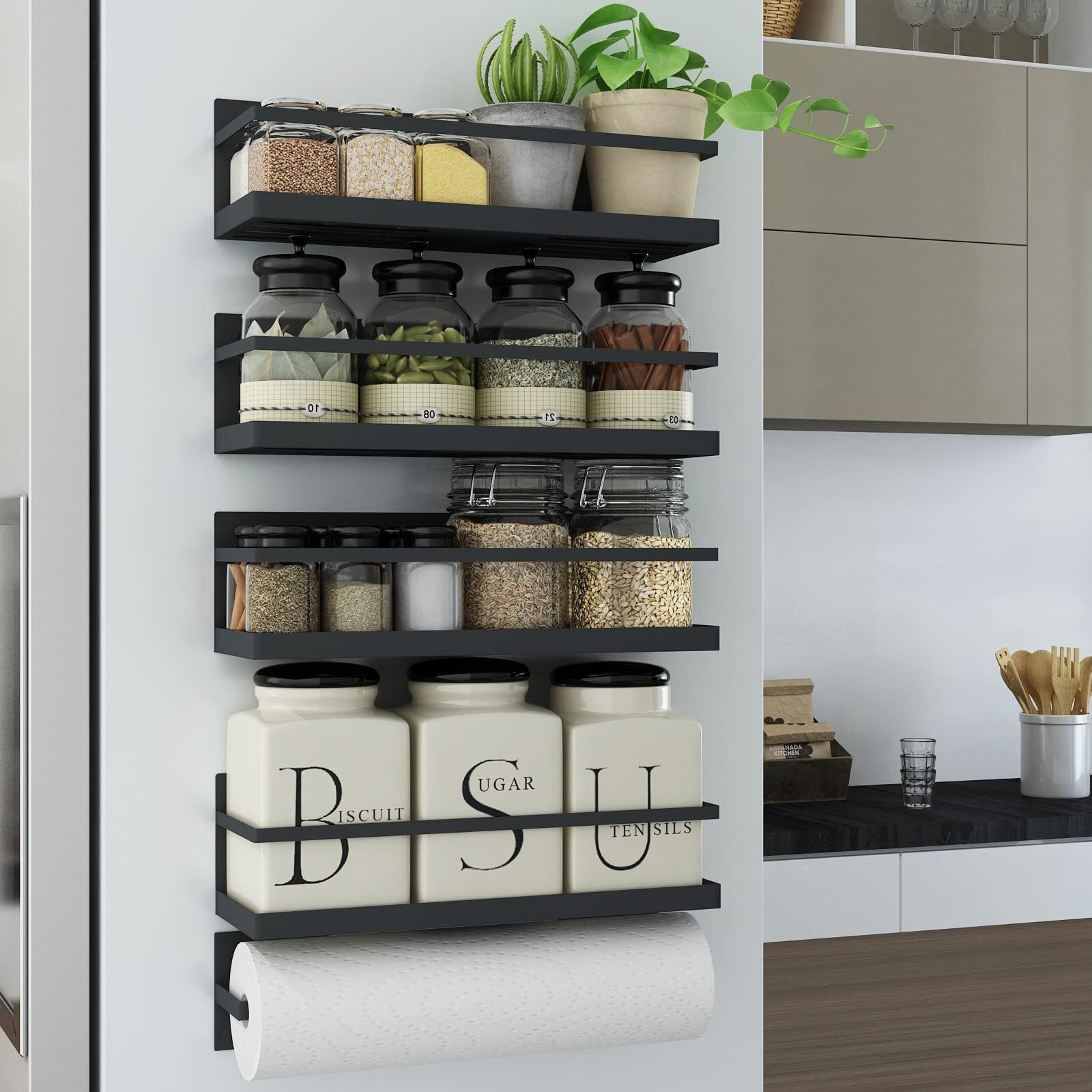 Roysili Magnetic Spice Rack For Refrigerator - 4 Pack Black With Magnetic Paper Towel Holder