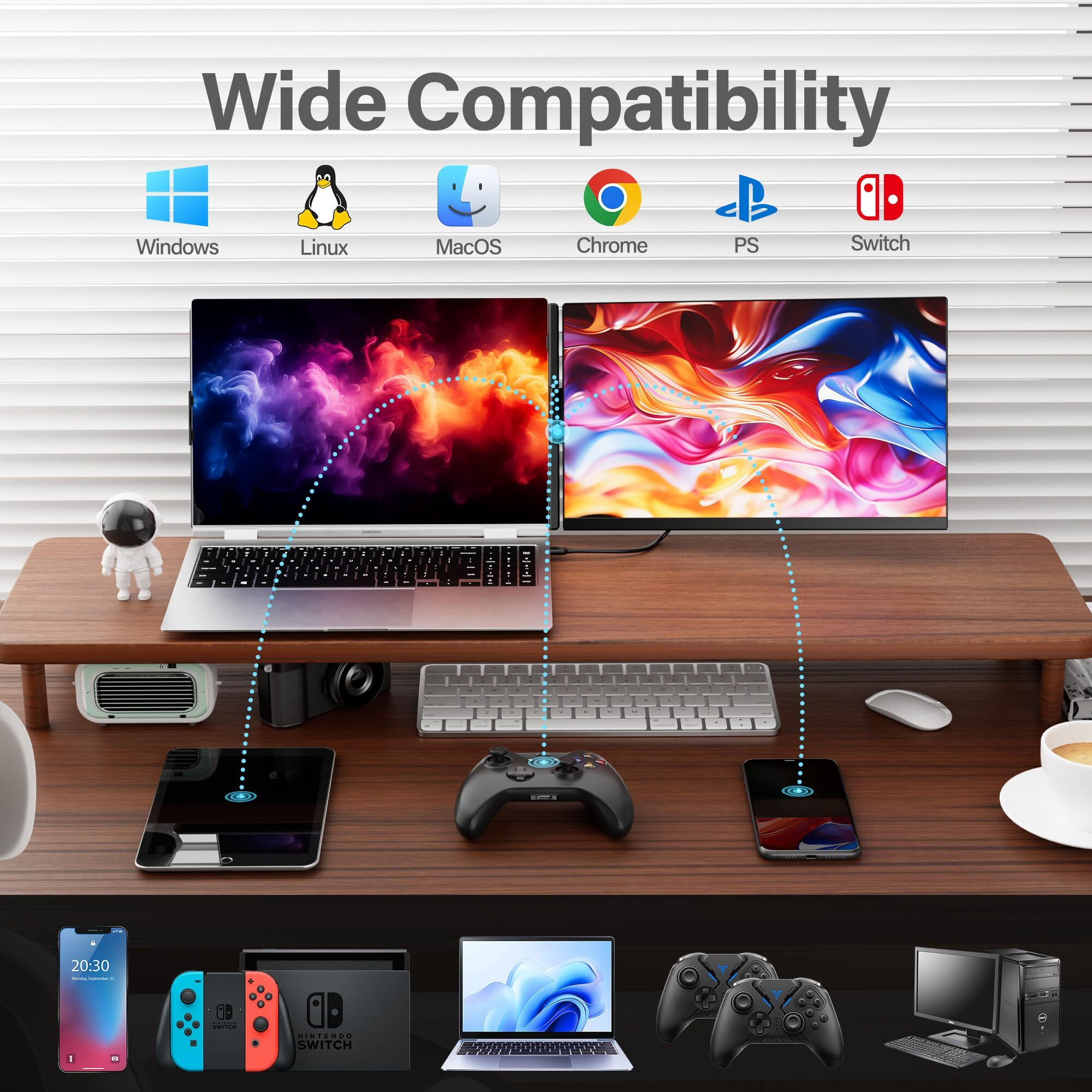 Laptop Screen Extender Portable Monitor, Dual 15.6"" 1080P Fhd Frameless Screen, Detachable Monitor Extender For Laptop, Fit For 13-17"" Laptop,Plug & Play Compatiable With Windows/Mac/Chrome/Android