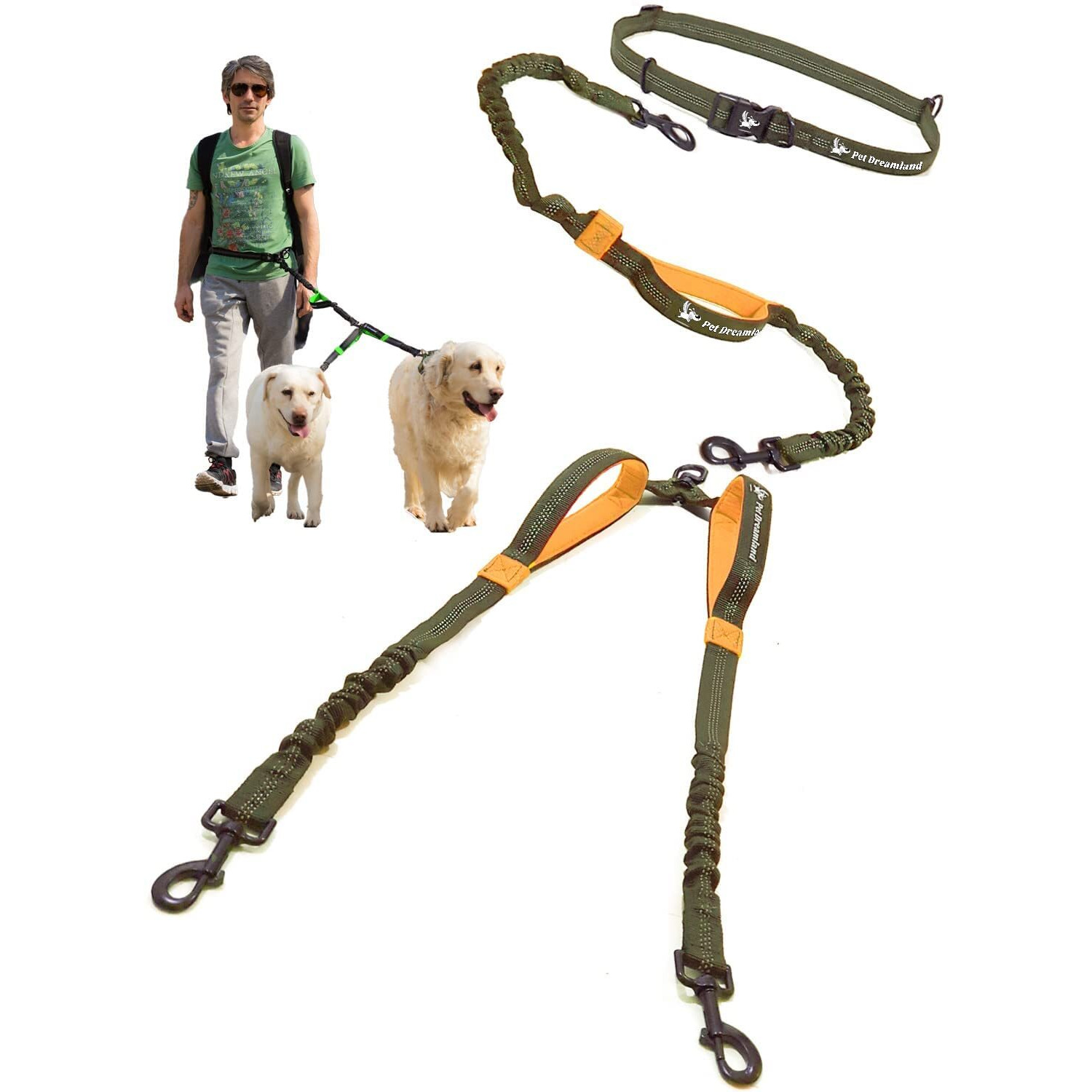 Exquisite Hands-Free Leash For Two Large Dogs - Perfect For Active Pet Owners - Comfortable, Durable & Ideal For Running, Walking, Hiking - Premium Dual Waist Lead With Bungee - Must-Have Dog Gear