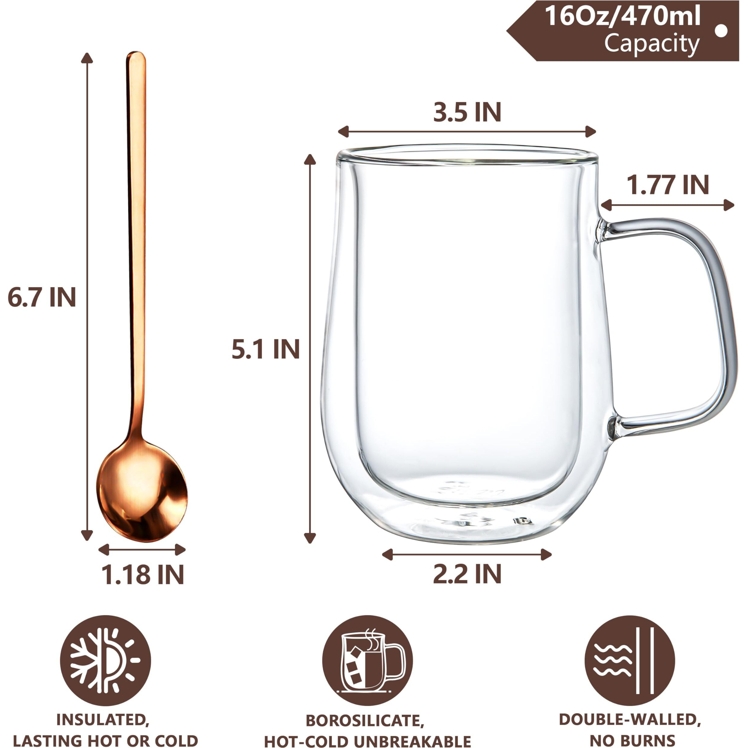 Comome Double Walled Glass Coffee Mugs 16 Oz, Borosilicate Glass Coffee Cups Set Of 4 With Spoons, Insulated Clear Coffee Mug For Hot Beverages, Cappuccino, Latte, Tea Bag.