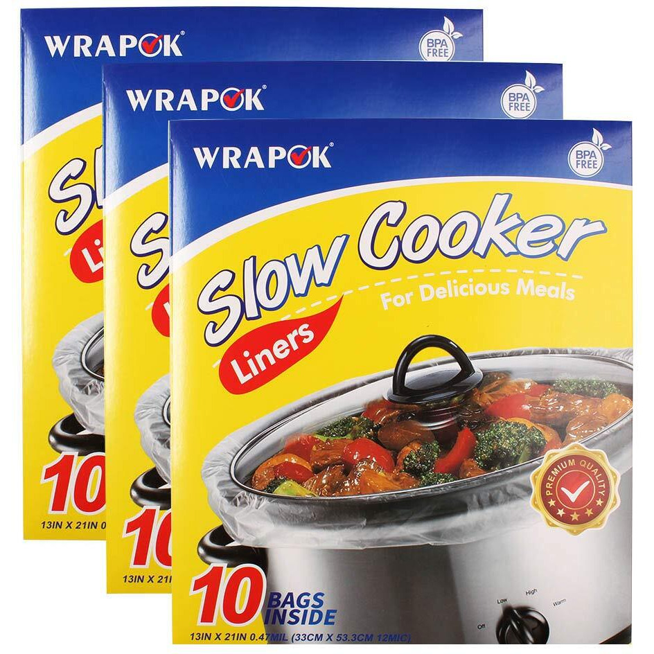 Wrapok Slow Cooker Liners Kitchen Disposable Cooking Bags Bpa Free For Oval Or Round Pot, Large Size 13 X 21 Inch, Fits 3 To 8.5 Quarts - 3 Pack (30 Bags Total)
