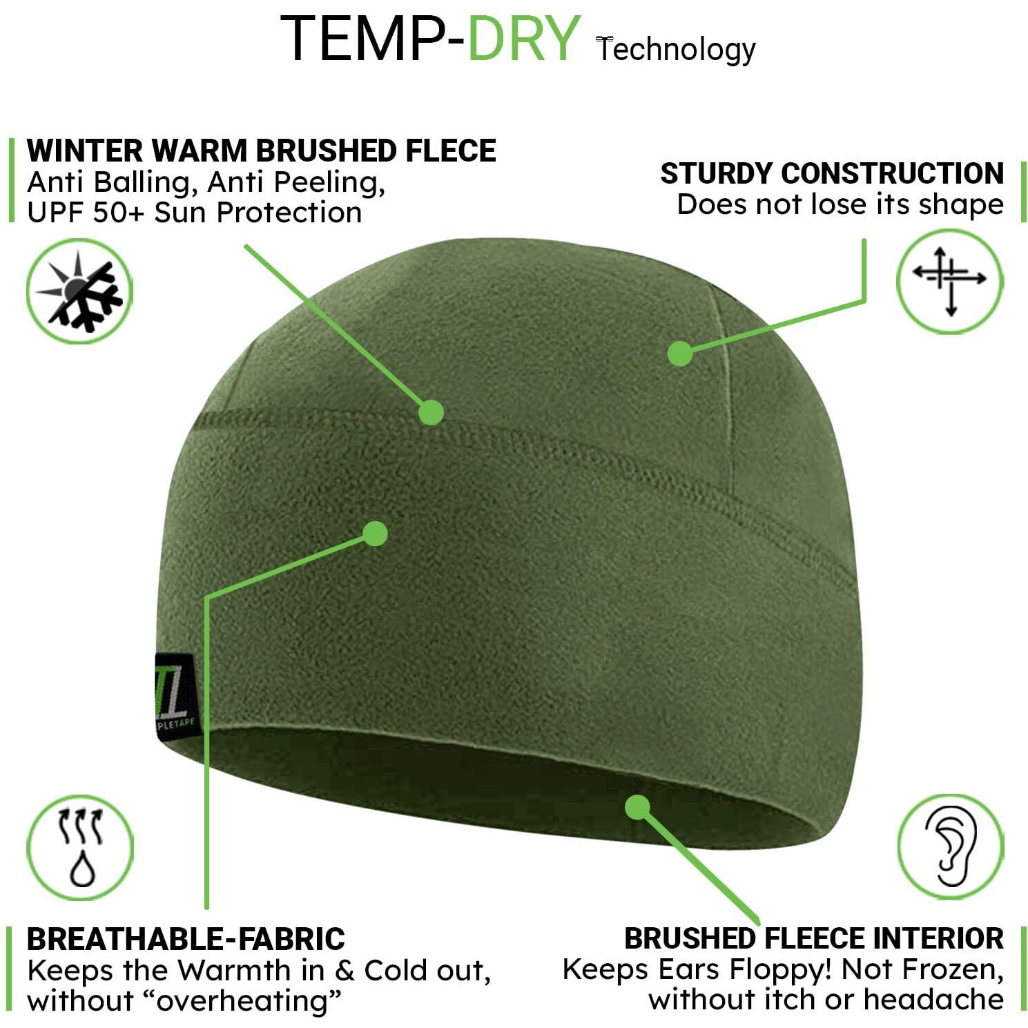 Temple Tape Tactical Fleece Watch Cap Beanie - Skull Cap Fleece Hat - 2 Pack Black/Od Green - One Size (Fits Most Heads)