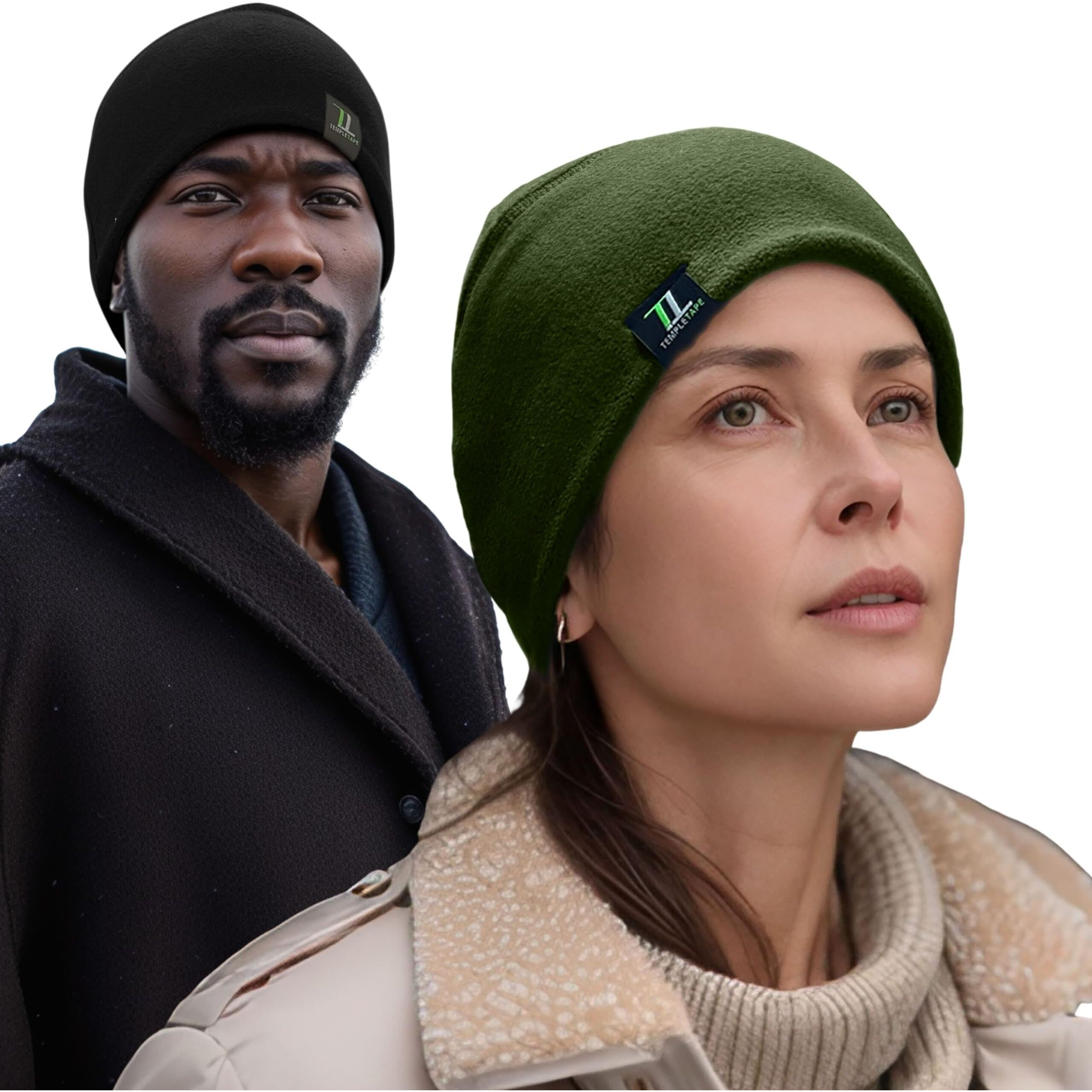 Temple Tape Tactical Fleece Watch Cap Beanie - Skull Cap Fleece Hat - 2 Pack Black/Od Green - One Size (Fits Most Heads)