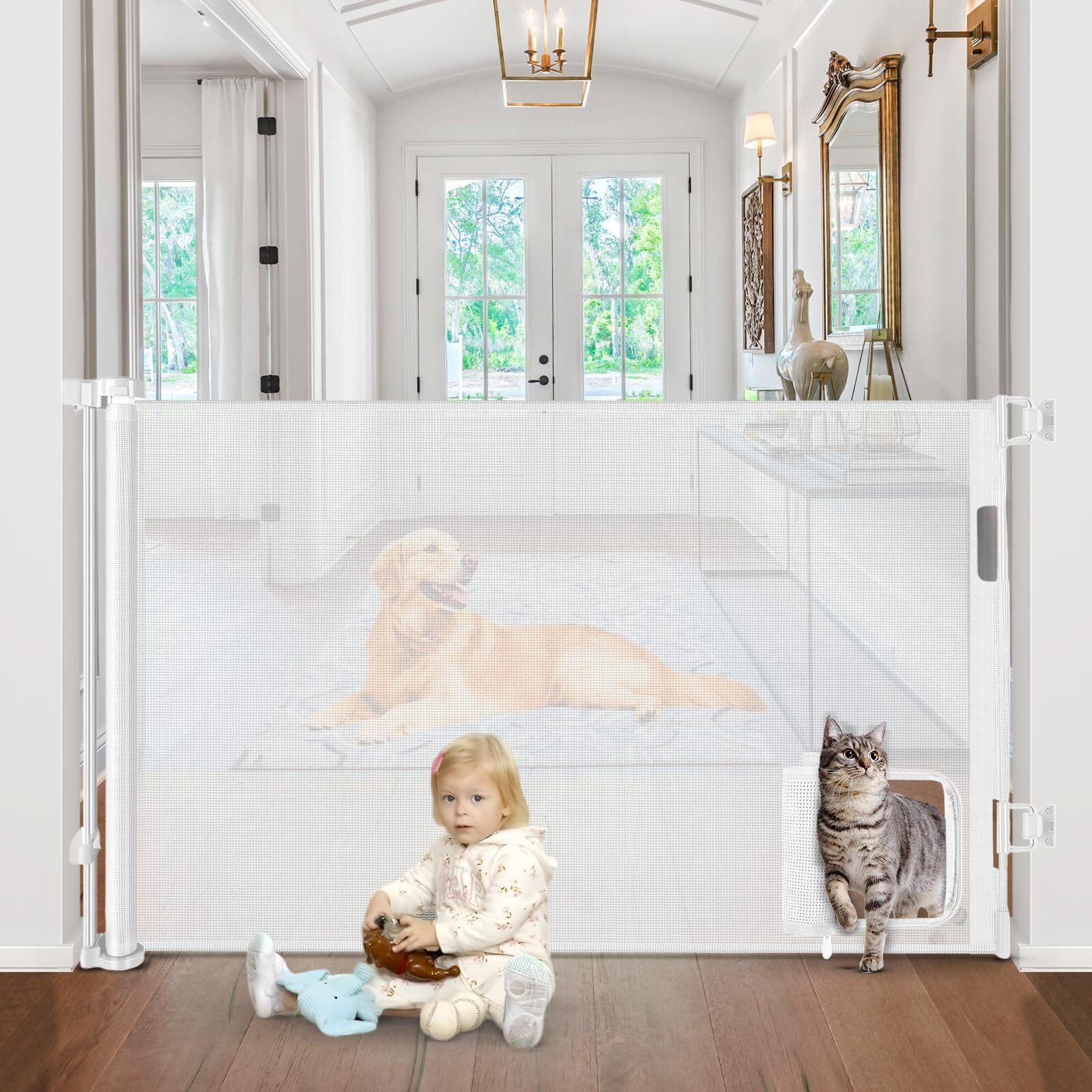 Retractable Baby Gates With Cat Door 80"" Wide Retractable Dog Gate With Pet Door Outdoor Retractable Gate For Dogs Retractable Pet Gate With Door Mesh Baby Gate Retractable Mesh Dog Gate (White)