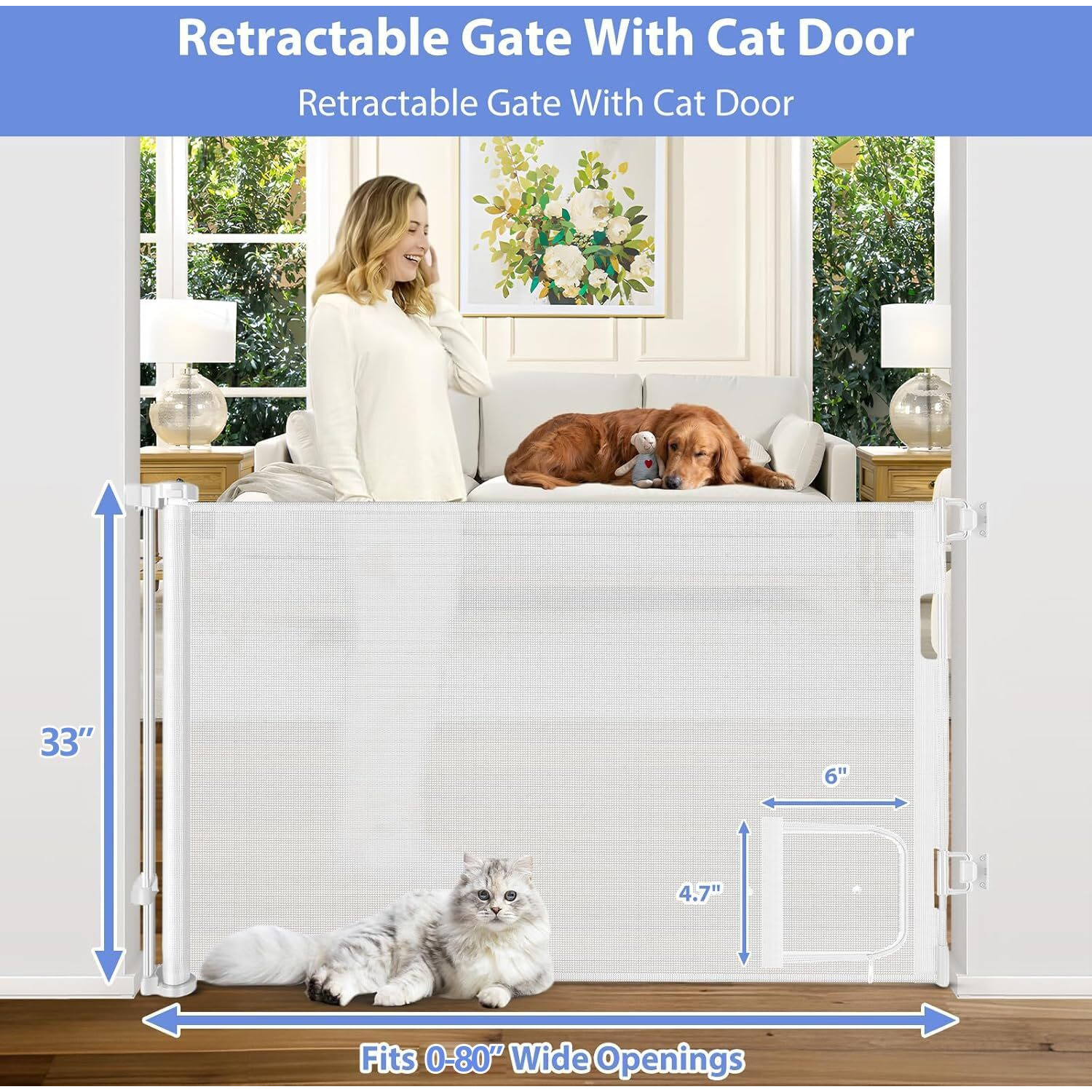 Retractable Baby Gates With Cat Door 80"" Wide Retractable Dog Gate With Pet Door Outdoor Retractable Gate For Dogs Retractable Pet Gate With Door Mesh Baby Gate Retractable Mesh Dog Gate (White)