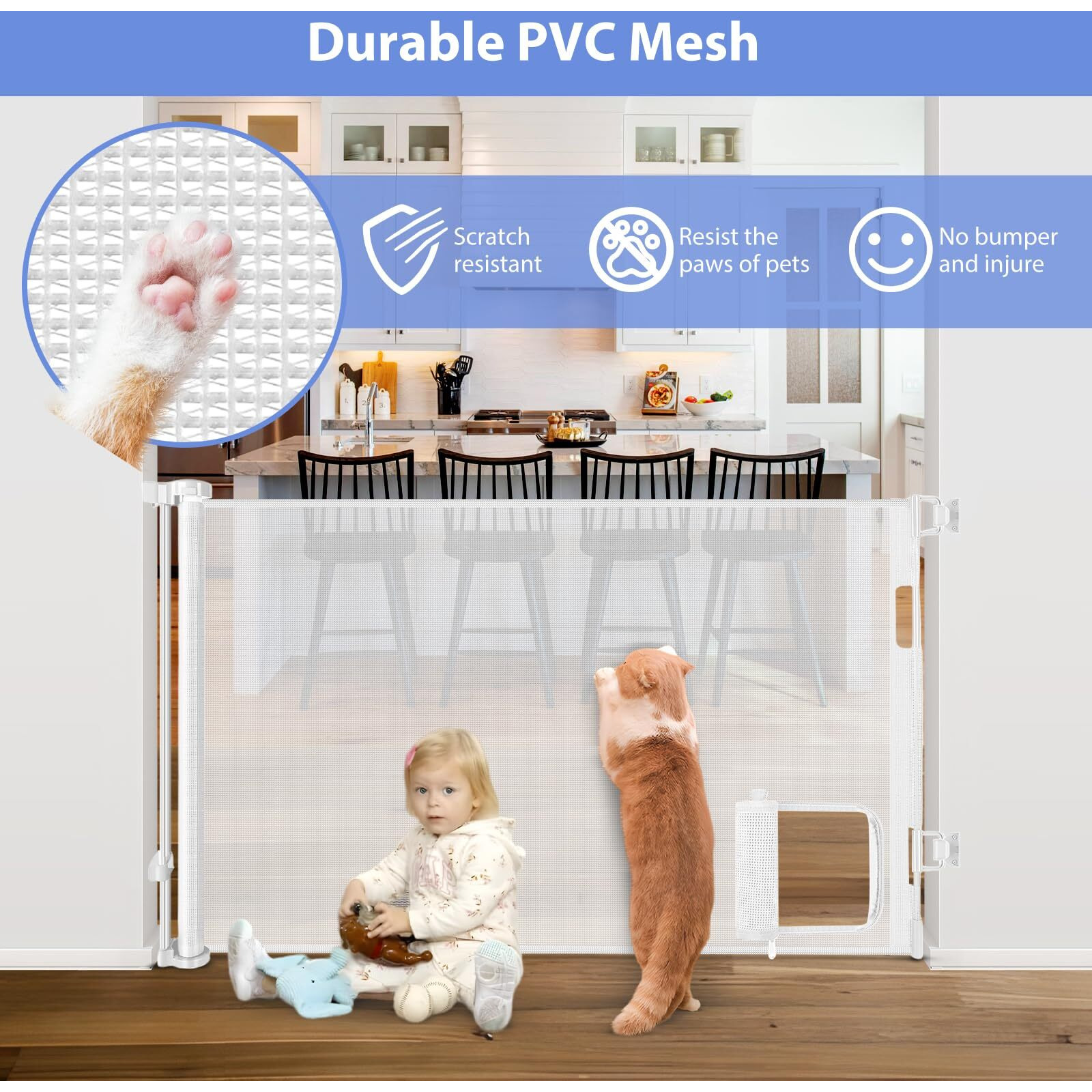 Retractable Baby Gates With Cat Door 80"" Wide Retractable Dog Gate With Pet Door Outdoor Retractable Gate For Dogs Retractable Pet Gate With Door Mesh Baby Gate Retractable Mesh Dog Gate (White)
