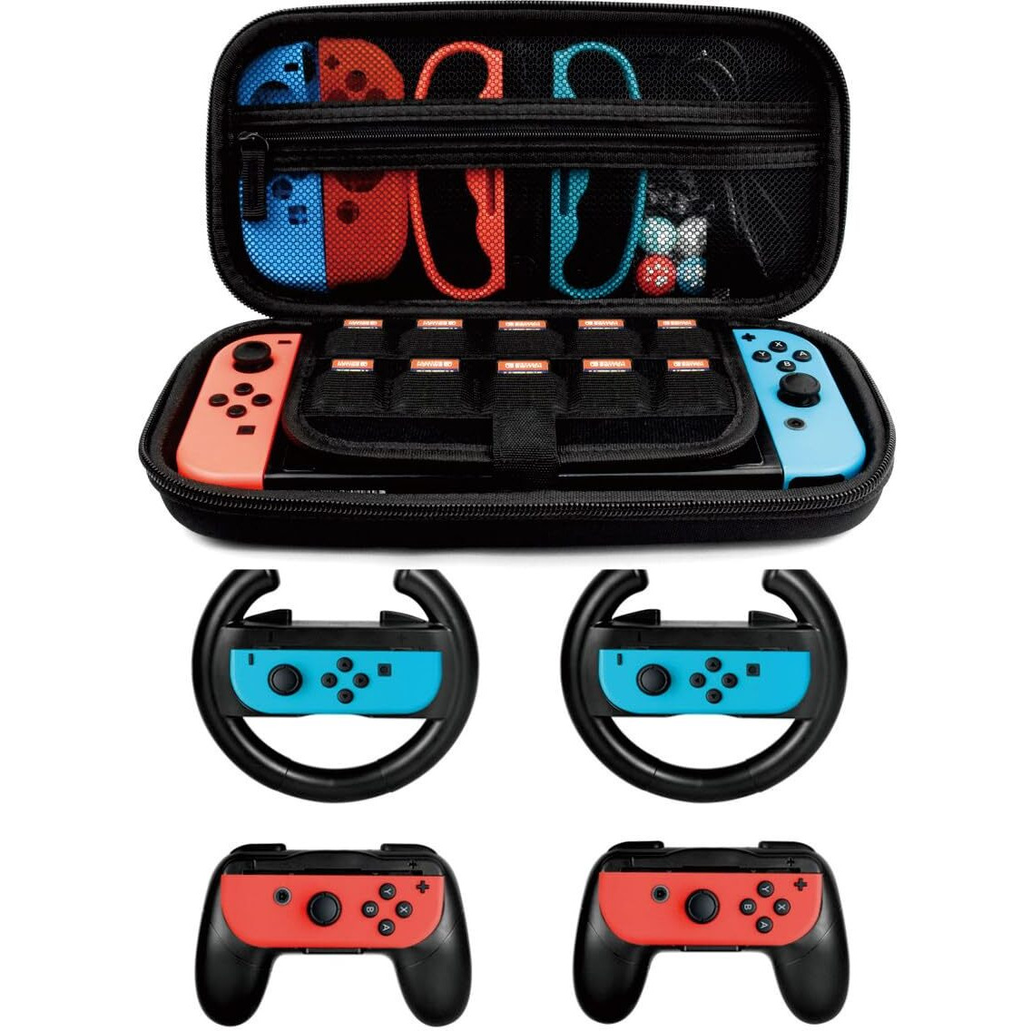 Accessories Kit For Nintendo Switch Games Starter, 2X Steering Wheel, 2X Grip Kit, 1X Travel Carry Case(5 In 1 Black)