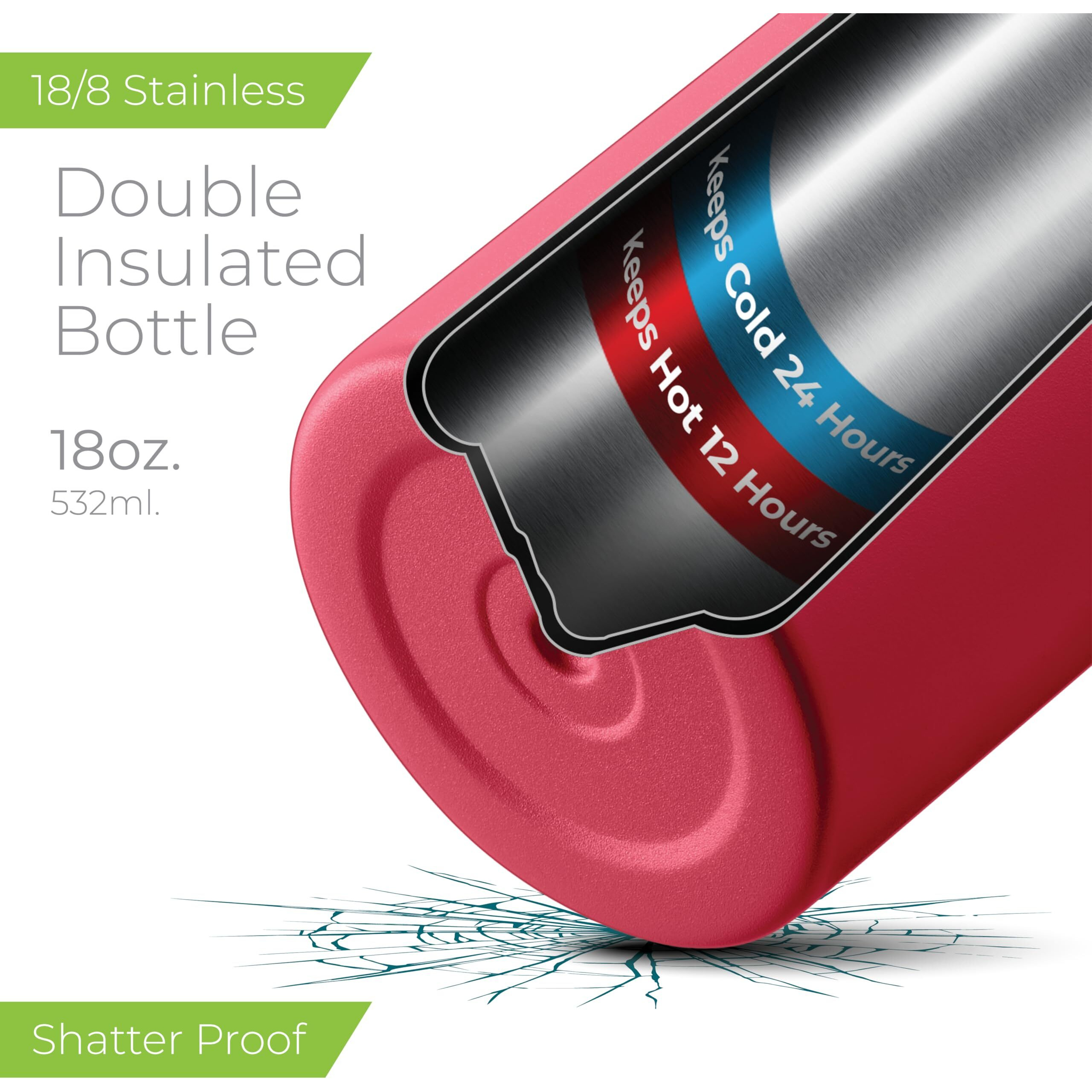 Sipx Triple-Insulated Stainless Steel Water Bottle 18Oz. With 3 Lids, Bpa-Free Reusable Insulated Water Bottle Keeps Cold 24 Hours, (Red)