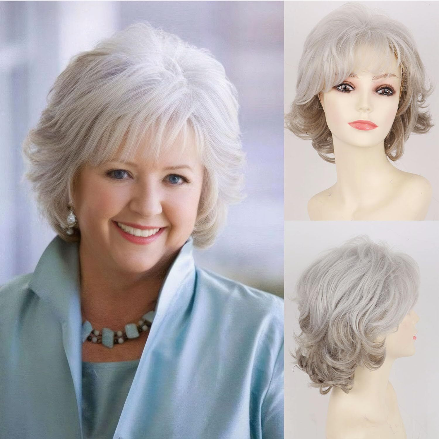 Short Grey Wigs For White Women Natural Curly Short Layered Silver Gray Pixie Cut Wigs With White Bangs Synthetic Hair Silver Wig For Older Women