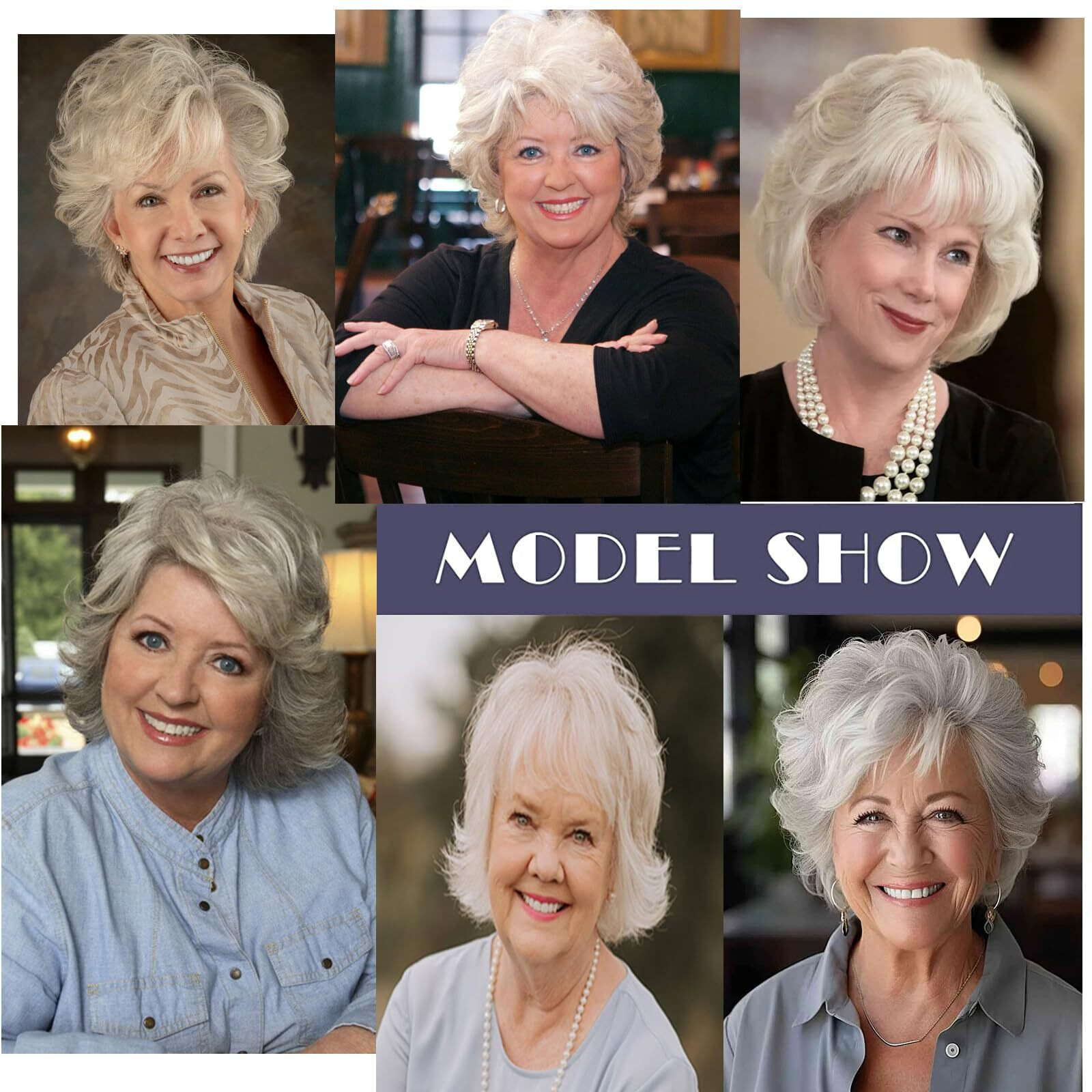 Short Grey Wigs For White Women Natural Curly Short Layered Silver Gray Pixie Cut Wigs With White Bangs Synthetic Hair Silver Wig For Older Women