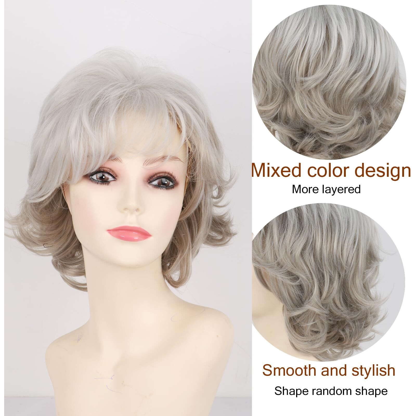 Short Grey Wigs For White Women Natural Curly Short Layered Silver Gray Pixie Cut Wigs With White Bangs Synthetic Hair Silver Wig For Older Women