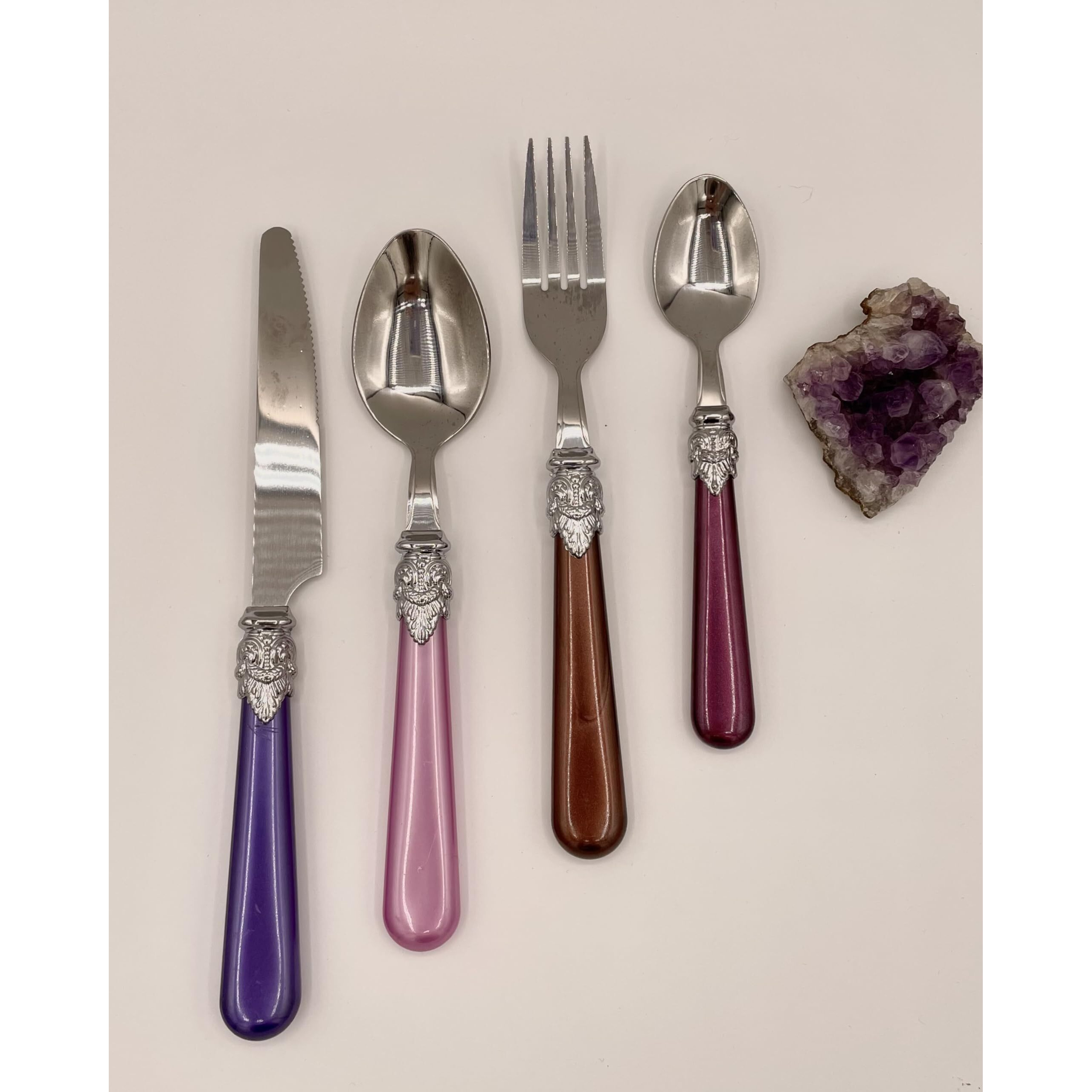 The Original Brink House Gala Mix & Match Stainless Steel Cutlery Set With High-Sheen Baroque Handles / 16 Pieces With Metal Stand, Lifestyle Utensils Set For Home, First Apartment, Dorm, Dinner Party