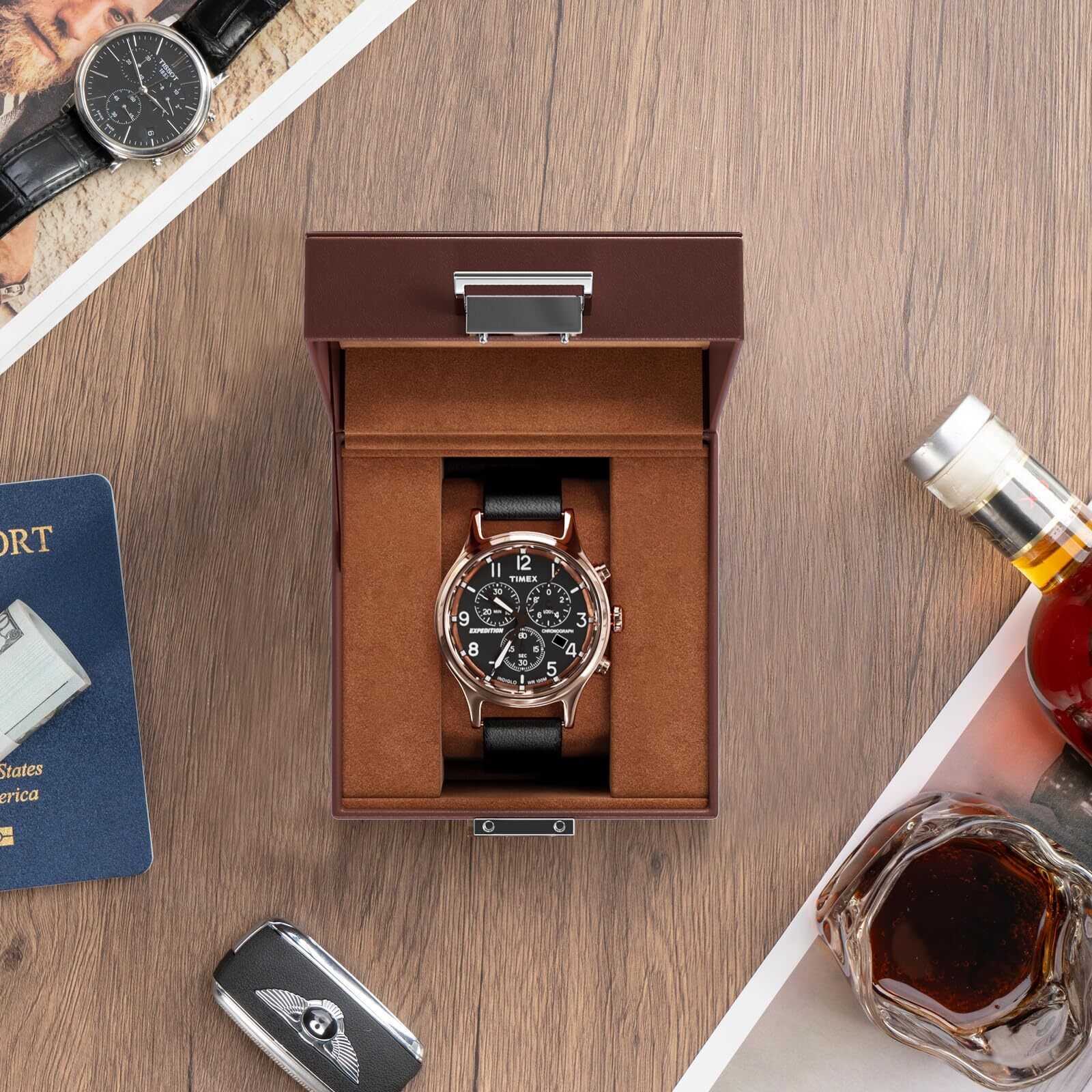 Procase Single Watch Box For Men - Storage Holder Organizer With Glass Lid, 1 Slot Display Case - Espresso