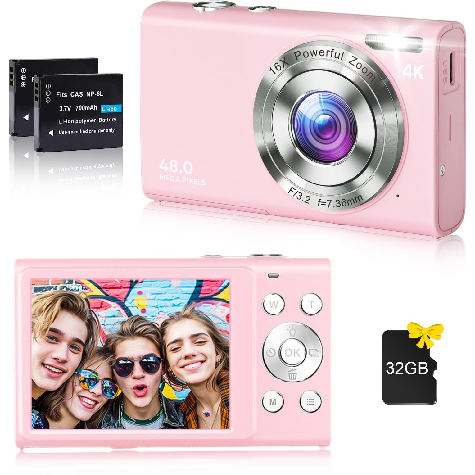 Digital Camera, 4K Vlogging Camera For Youtube Autofocus 48Mp Uhd Cameras For Photography With Anti-Shake, 16X Digital Zoom Point And Shoot Digital Camera With 32Gb Card For Teens Adult Beginner-Pink