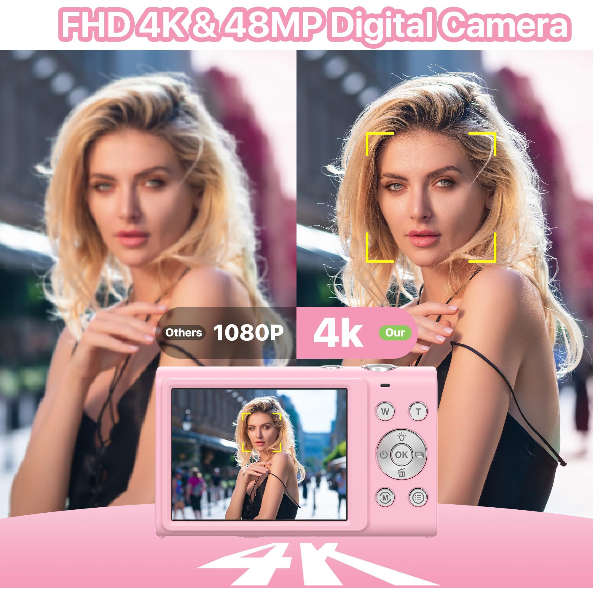 Digital Camera, 4K Vlogging Camera For Youtube Autofocus 48Mp Uhd Cameras For Photography With Anti-Shake, 16X Digital Zoom Point And Shoot Digital Camera With 32Gb Card For Teens Adult Beginner-Pink
