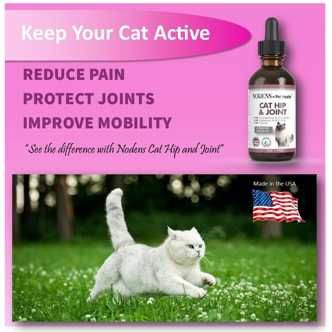 Nodens Cat Hip And Joint Glucosamine For Cats With Chondroitin - Cat Pain Relief From Inflammation - Cat Joint Supplement For Improved Joint Flexibility - Natural Liquid Cat Health Supplies 59Ml