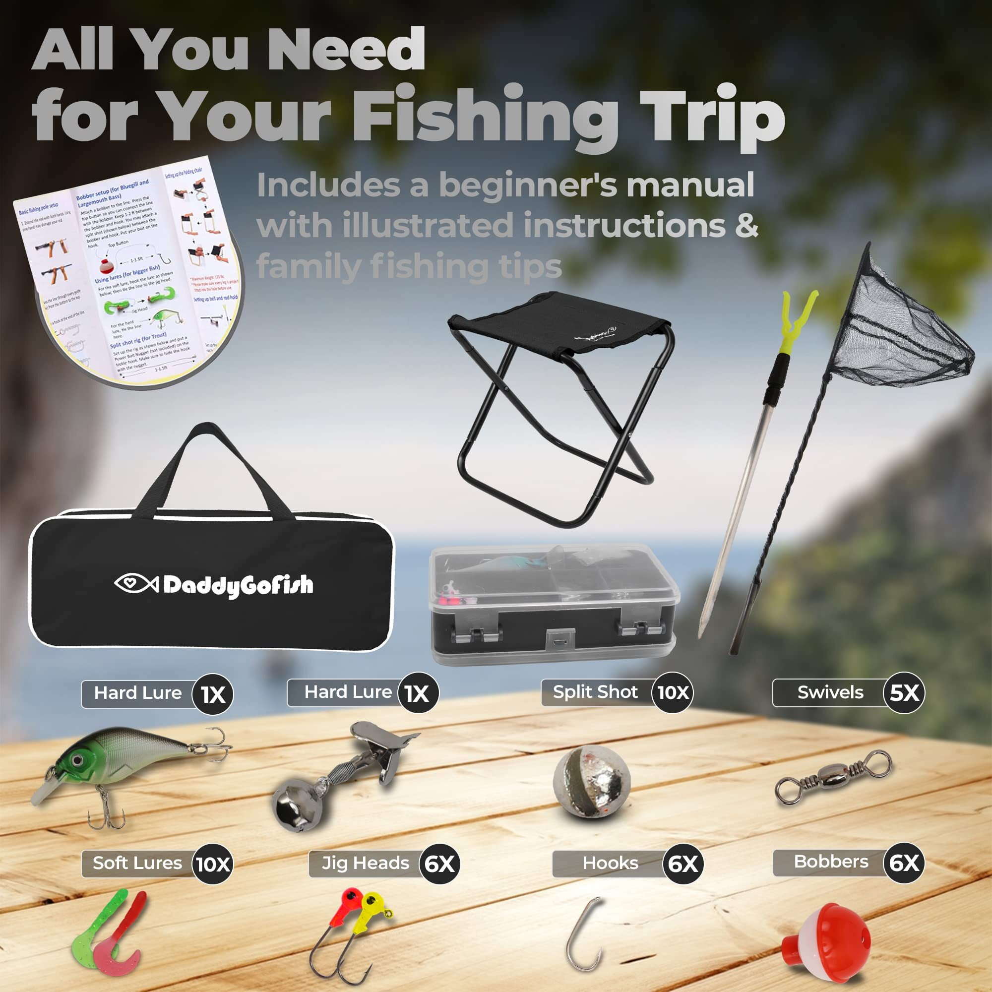 Daddygofish Kids Fishing Pole - Rod Reel Combo Tackle Box Starter Set - First Year Small Dock Gear Kit For Boys Girls Toddler Youth Age Beginner Little Children Junior Anglers (Black, 4Ft)