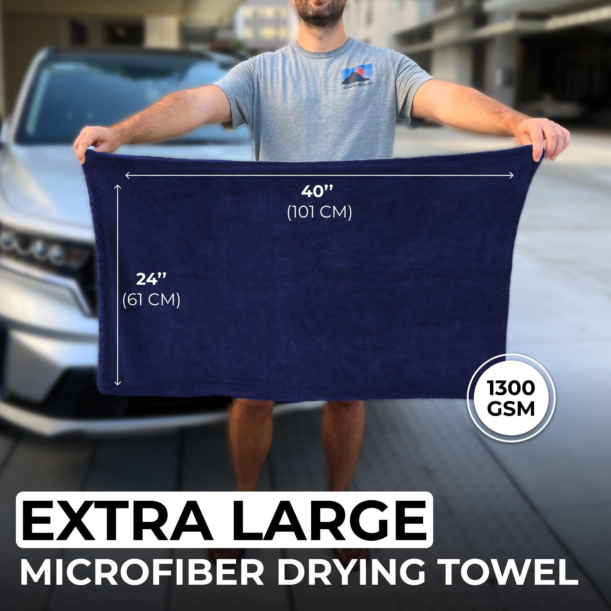 Microfiber Car Drying Towel 1300 Gsm Double Twisted Loop - Premium Extra Large Auto Wash Towel For Cars Trucks Suv - Super Absorbent Detailing Cleaning Cloth Xl 40X24 1-Pack (Navy)