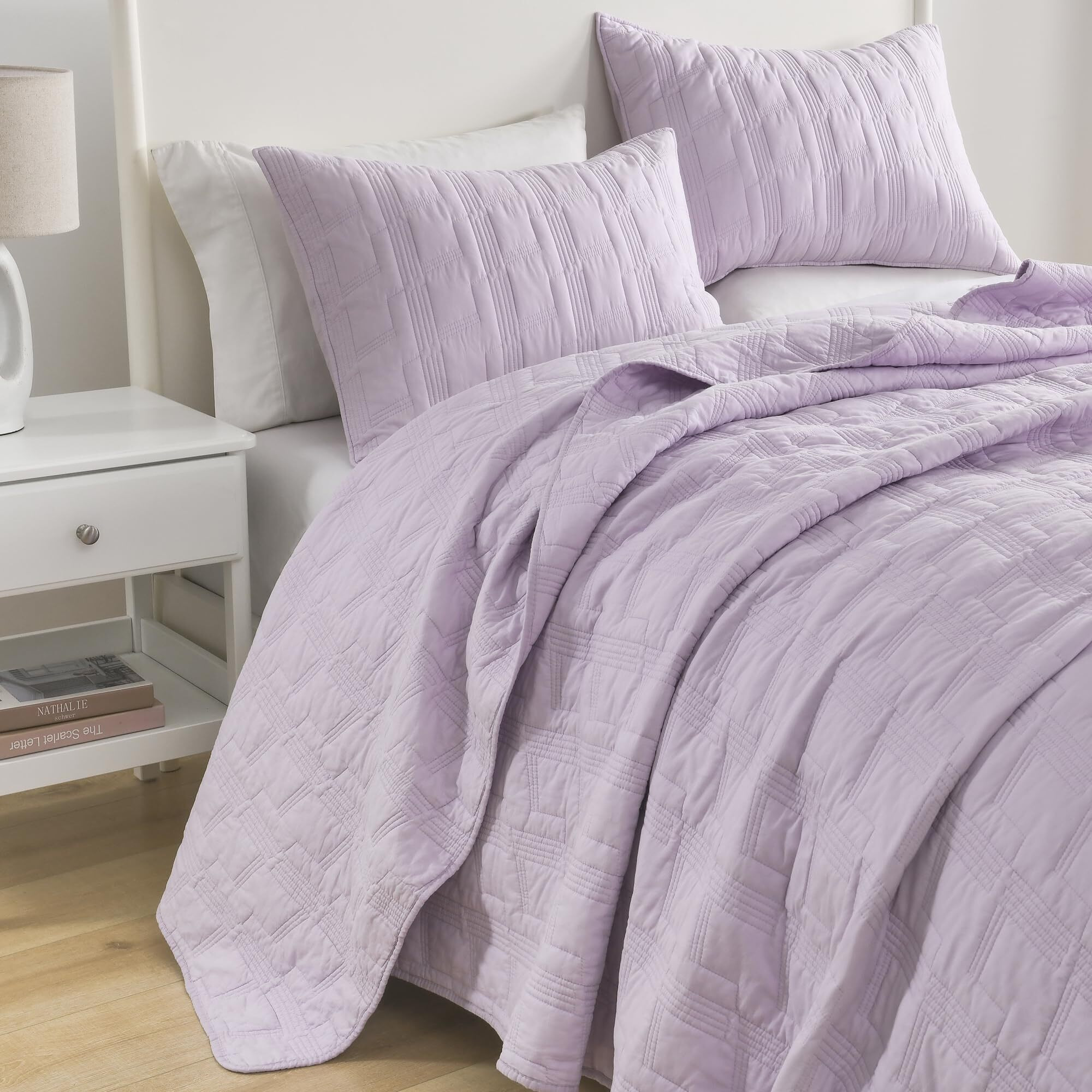 Horimote Home 100% Cotton Quilt Set Queen Size, Lavender Pre-Washed 3-Piece Bedspread Coverlet Set, Cozy Lightweight Stitching Bedding Cover With 2 Shams In Geometric Pattern For All Season