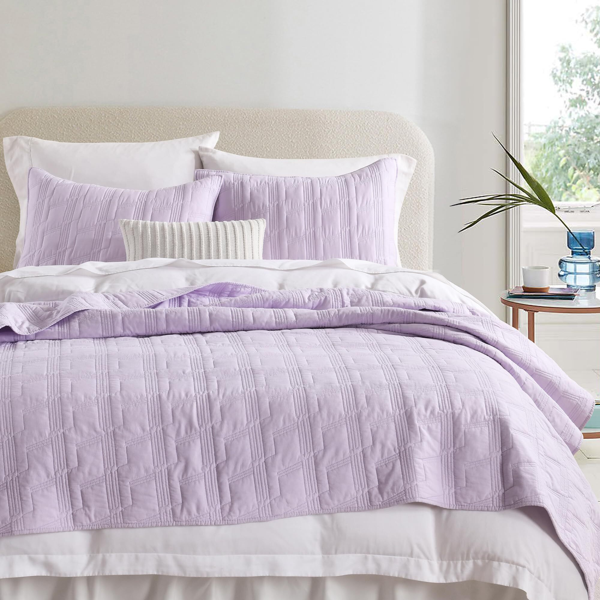 Horimote Home 100% Cotton Quilt Set Queen Size, Lavender Pre-Washed 3-Piece Bedspread Coverlet Set, Cozy Lightweight Stitching Bedding Cover With 2 Shams In Geometric Pattern For All Season
