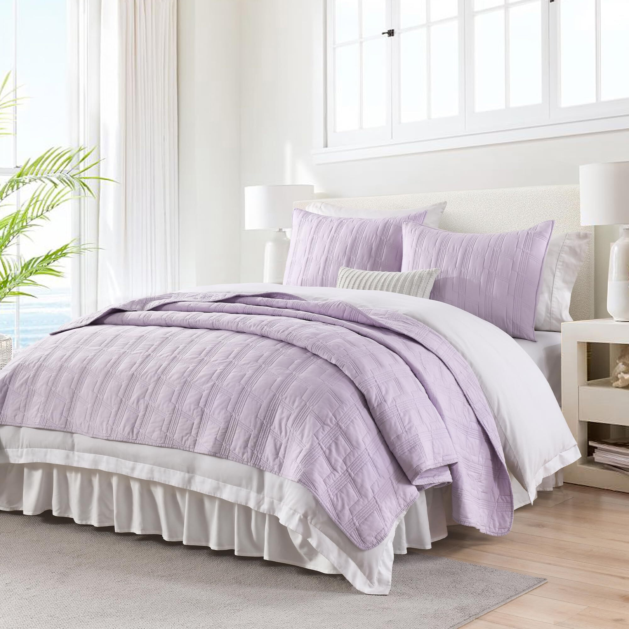 Horimote Home 100% Cotton Quilt Set Queen Size, Lavender Pre-Washed 3-Piece Bedspread Coverlet Set, Cozy Lightweight Stitching Bedding Cover With 2 Shams In Geometric Pattern For All Season