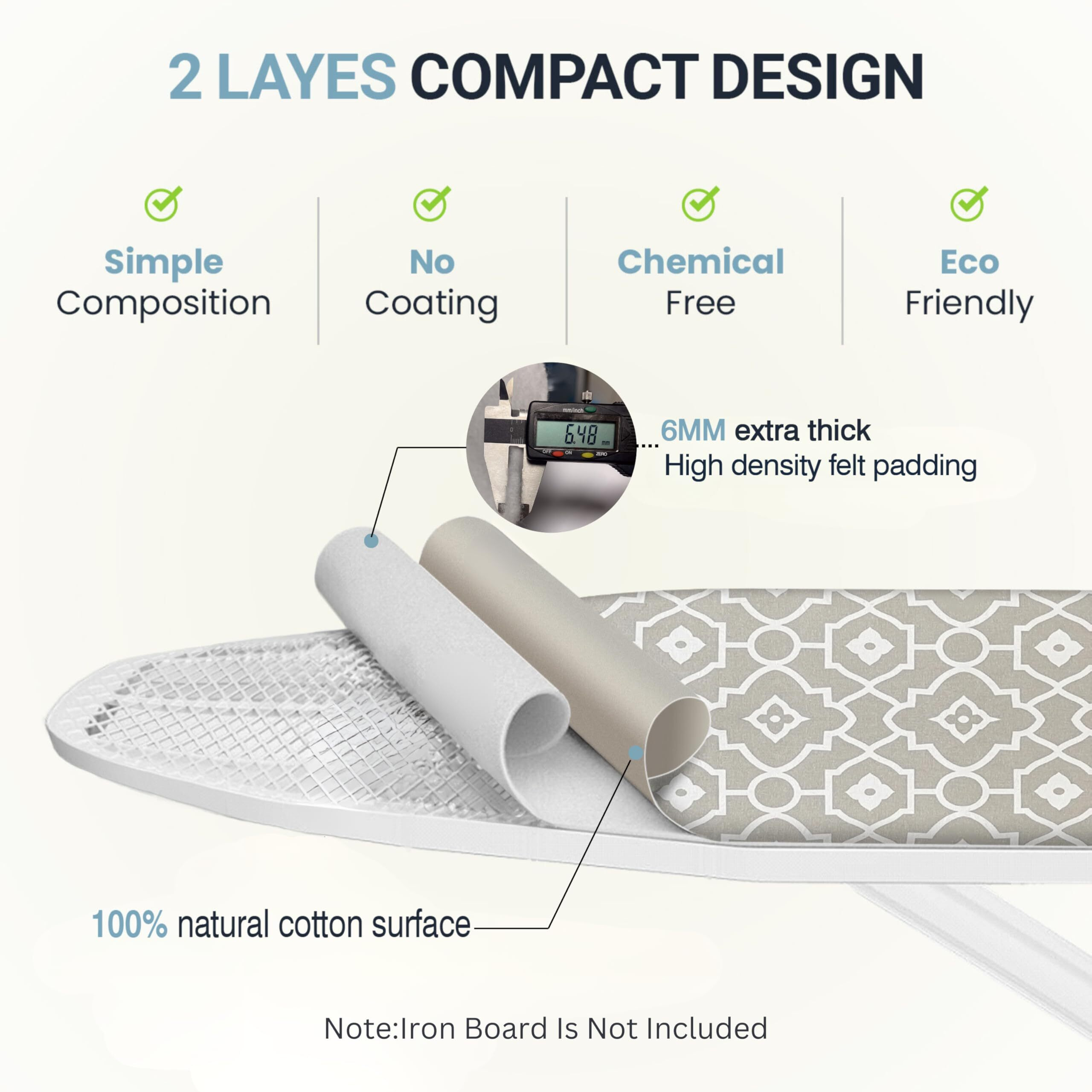 Unisimp Ironing Board Cover And Pad 15X54 - Extra Thick Natural Cotton, Scorch & Stain-Resistant Padding, Standard Size Iron Board Cover With Metal Fasteners Heavy Duty Elastic Edge, Heatproof