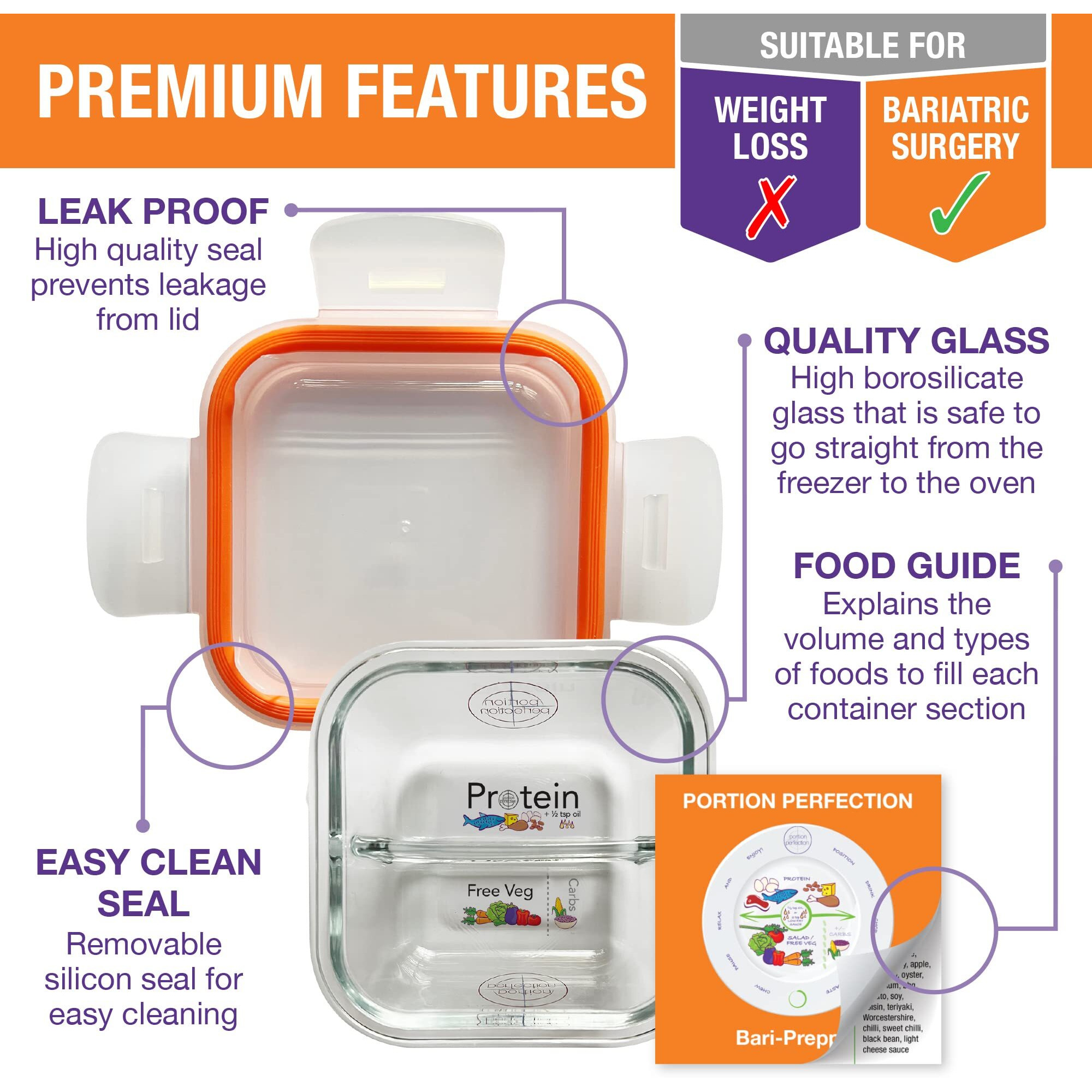 Portion Perfection Bariatric Must Haves / 3 Pk Bariatric Meal Prep Containers Reusable Glass Portion Control Container | Gastric Sleeve Must Haves | Bari Preppers