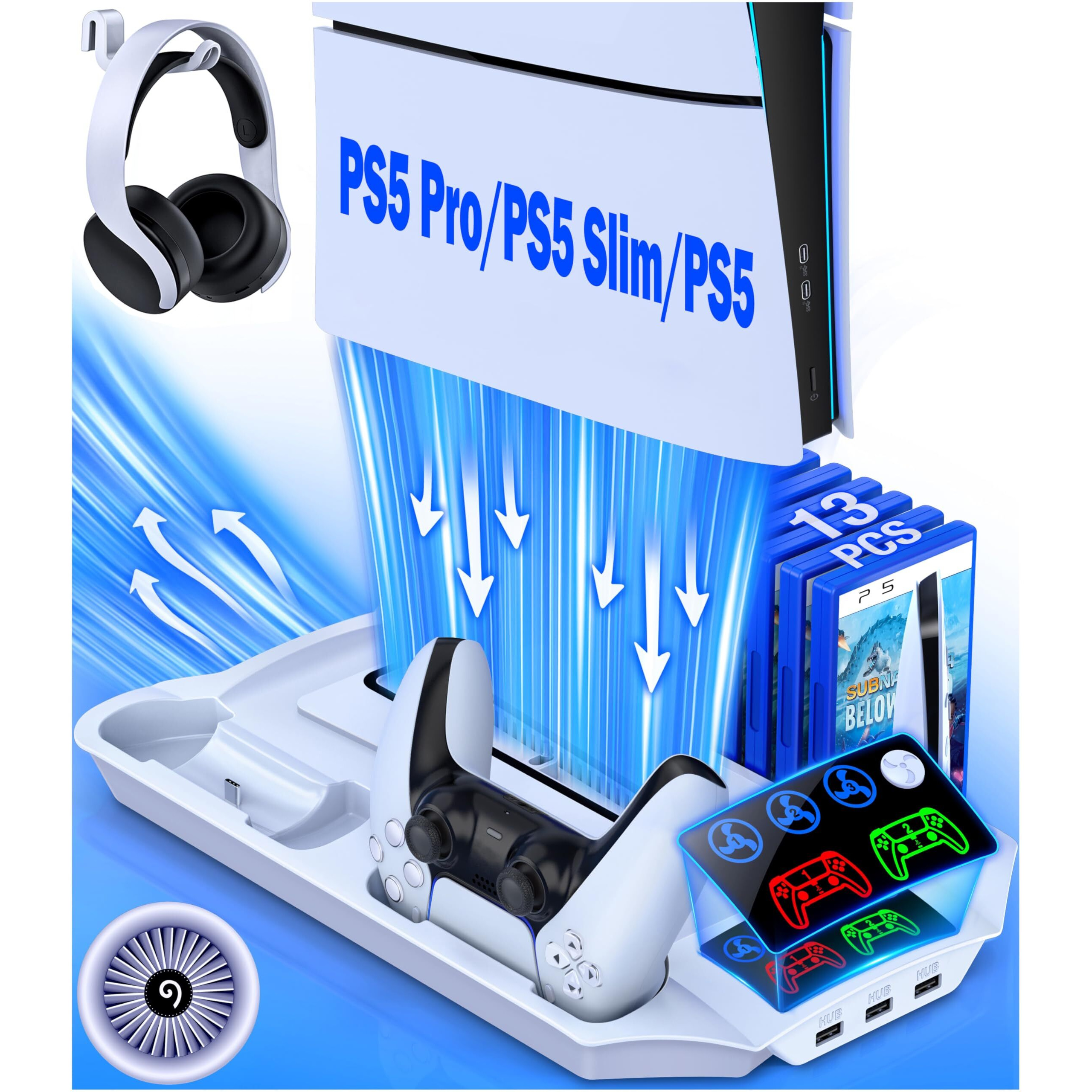 Ps5 Pro/Slim/Ps5 Stand And Cooling Station With Controller Charging Station For Playsation 5 Disc Digital Console, Ps5 Accessories Incl. 3 Levels Cooling Fan, 13 Game Slots, 3 Usb Hub, Headset Holder
