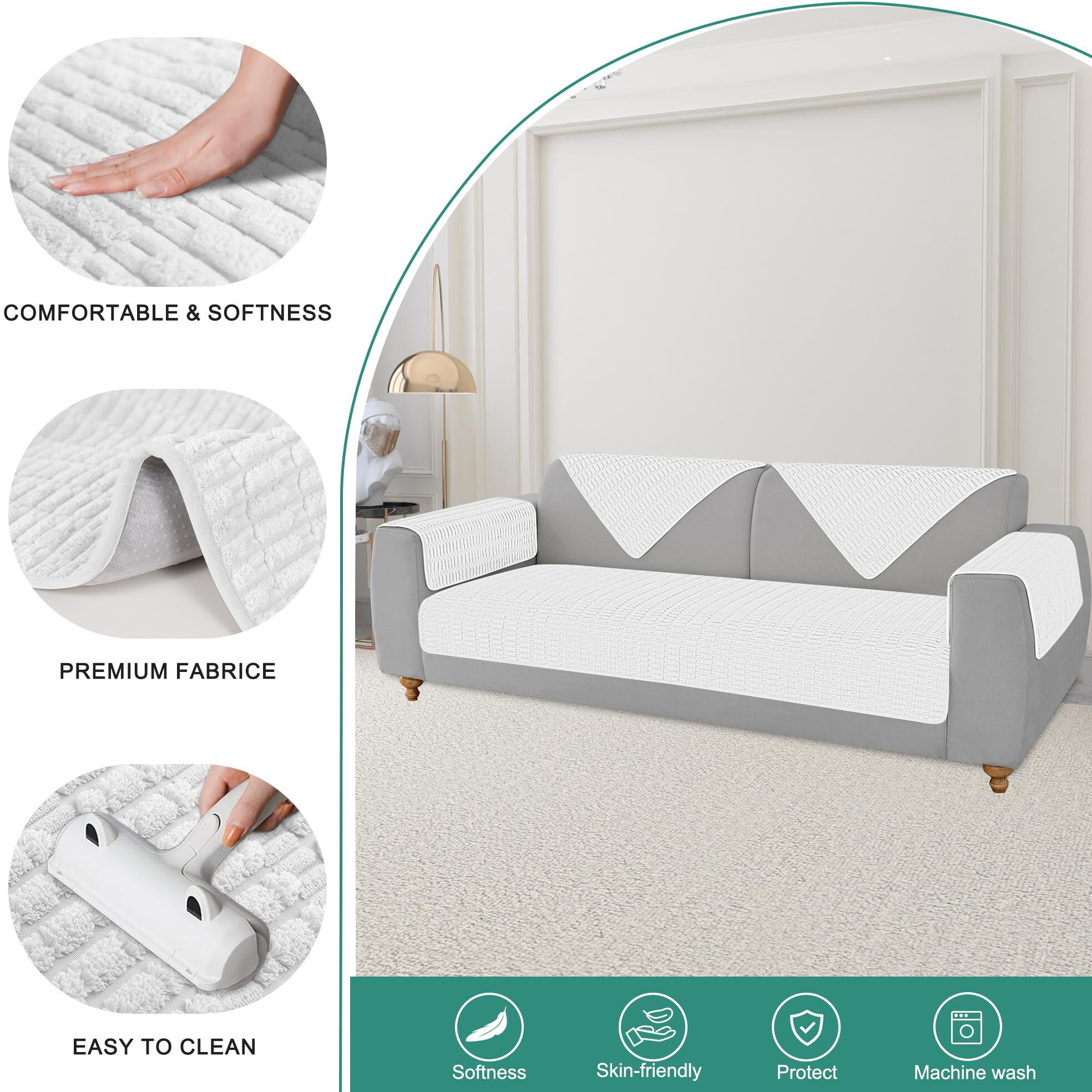Foxdecor Couch Arm Covers Sofa Arm Covers, Arm Chair Covers Set Of 2, Non-Slip Chair Arm Covers, Arm Rest Cover For Sofa, Armchair Slipcovers Couch Protector (White 20X20 Inch)
