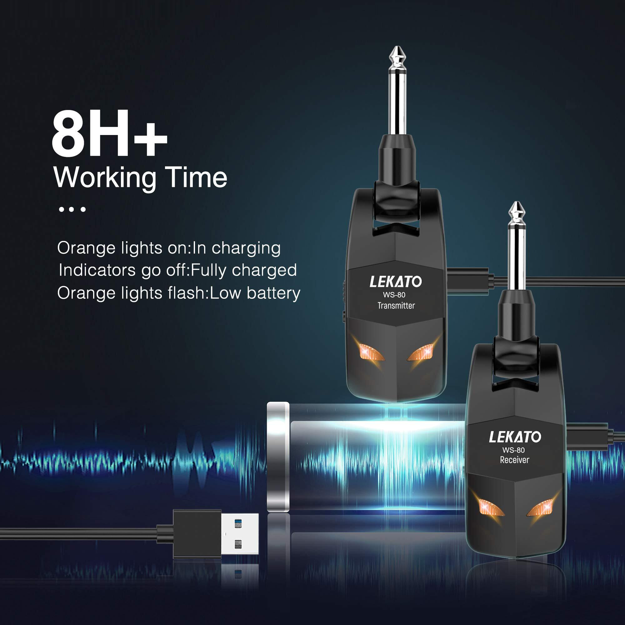 Lekato 2.4Ghz Wireless Guitar System Audio Wireless Transmitter And Receiver Rechargeable Guitar Wireless System With 4 Channels For Guitar Bass Electric Instruments Practise/Performance(Ws-80)