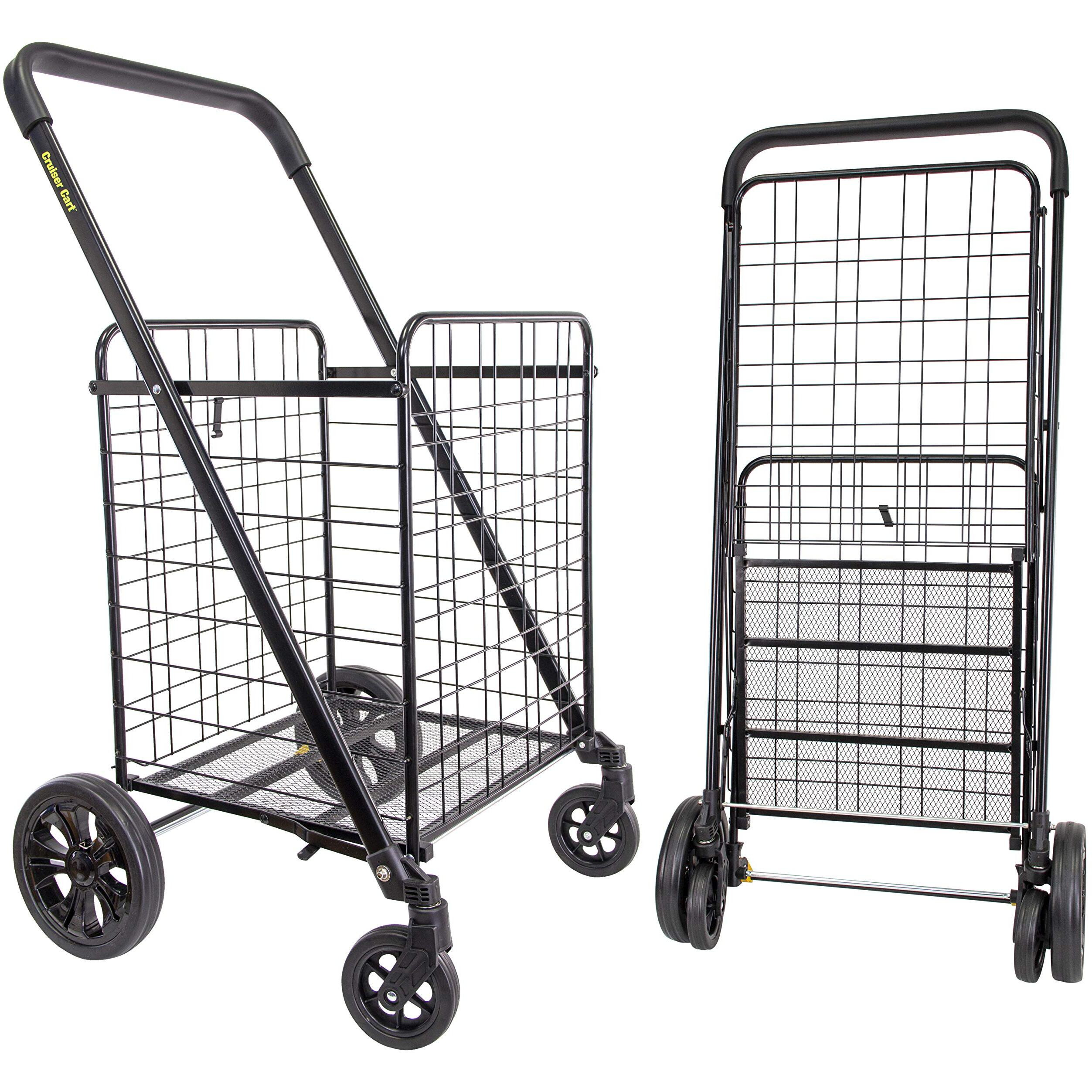 Dbest Products Cruiser Cart Deluxe 2 Shopping Grocery Rolling Folding Laundry Basket On Wheels Foldable Utility Trolley Compact Lightweight Collapsible, Black