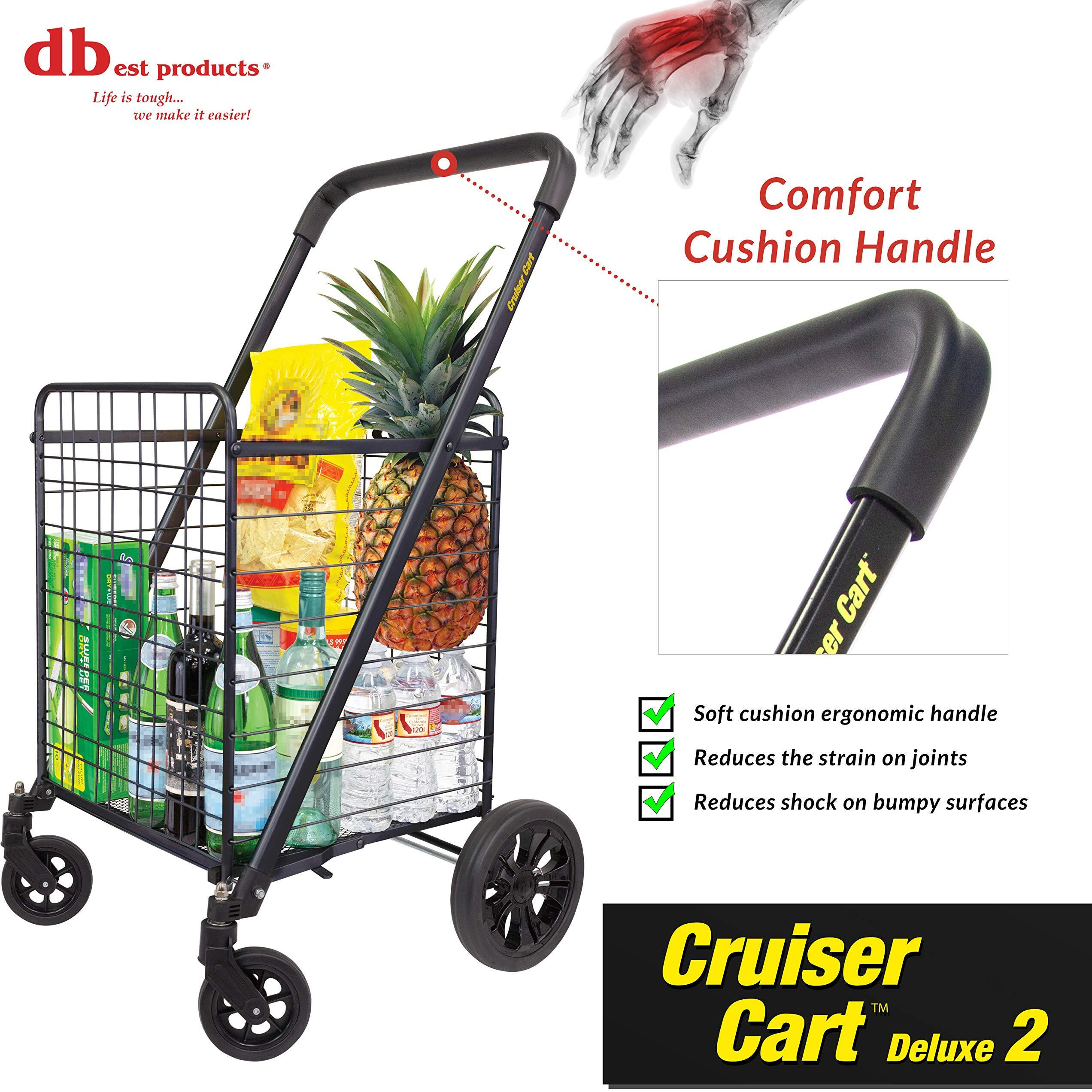 Dbest Products Cruiser Cart Deluxe 2 Shopping Grocery Rolling Folding Laundry Basket On Wheels Foldable Utility Trolley Compact Lightweight Collapsible, Black